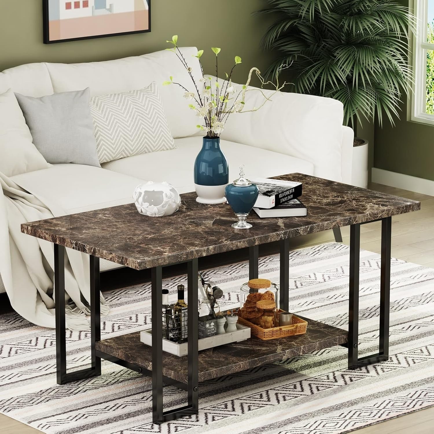 Marble Coffee Table, Rectangular Coffee Table with Faux Marble Tabletop and Open Shelf, 2 Tier Living Room Office Table with Black Metal Frame for Living Room, Office, Small Space, Coffee Brown, 40 Inch