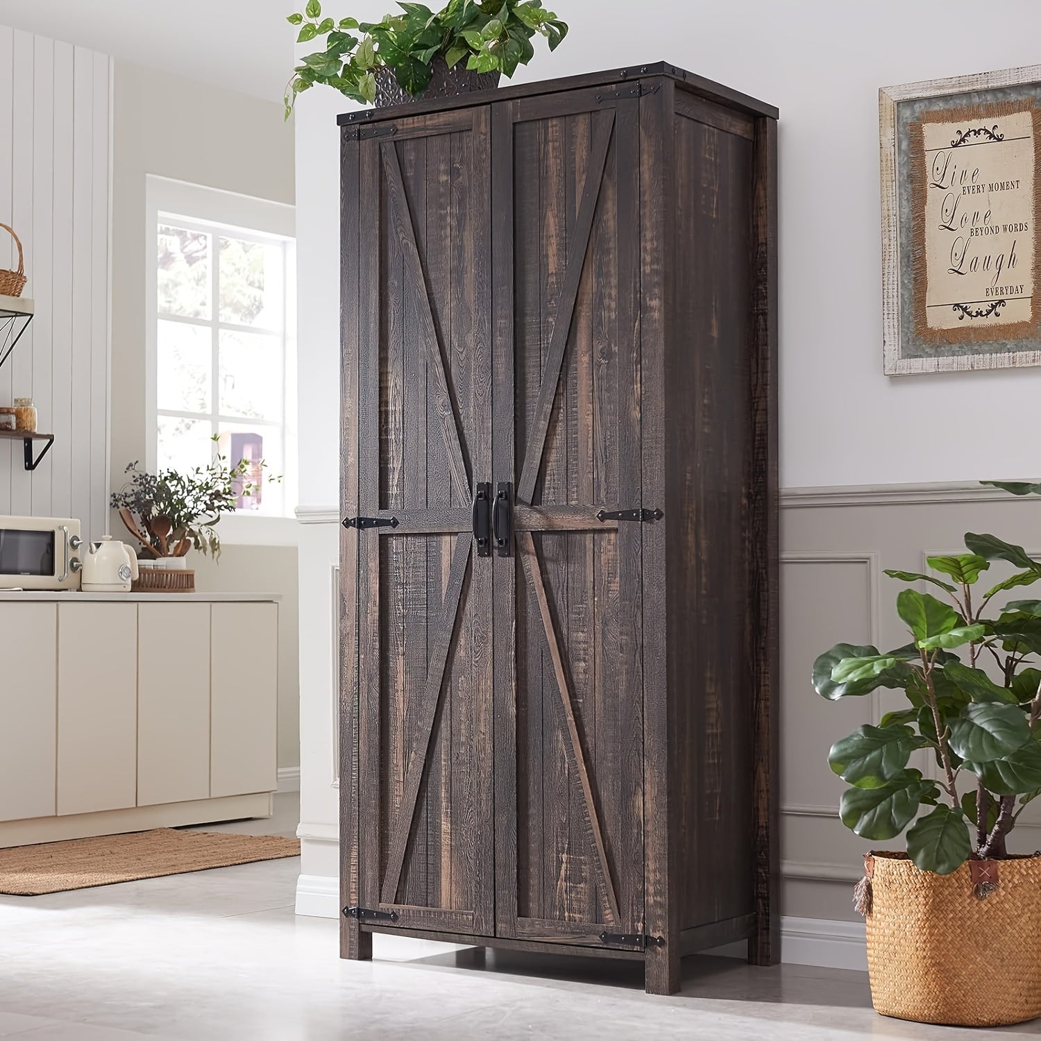 Versatile Storage For Kitchen, Bathroom, Laundry, Or Utility Room, Storage Cabinet, 32'' Farmhouse Armoire W/Adjustable Shelves, Rustic Pantry W/2 Barn Doors & Hanging Rod