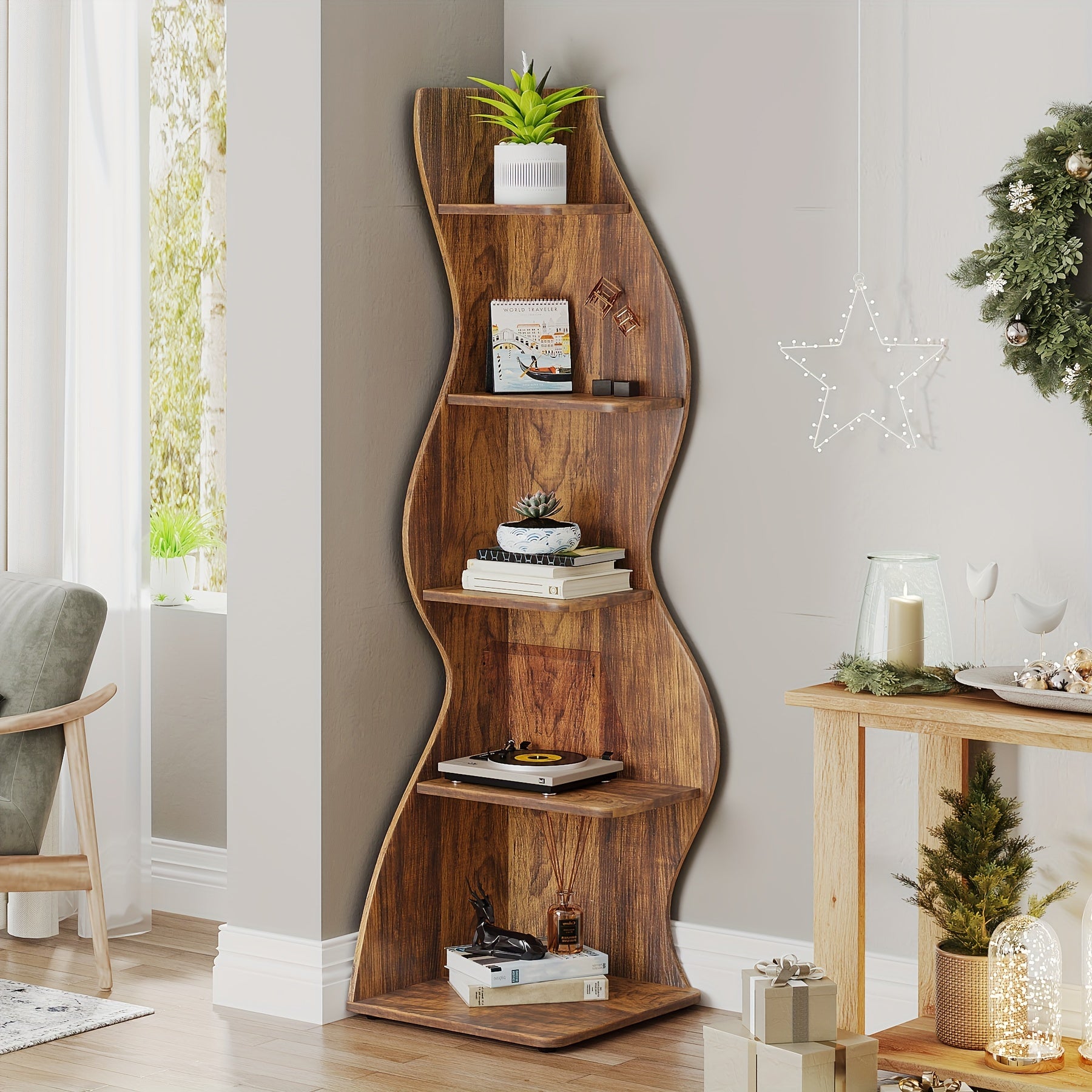 Rustic 5-Tier Wooden Corner Shelf - Space-Efficient Wall-Mounted Bookshelf with Unique Sea Grass Design Perfect