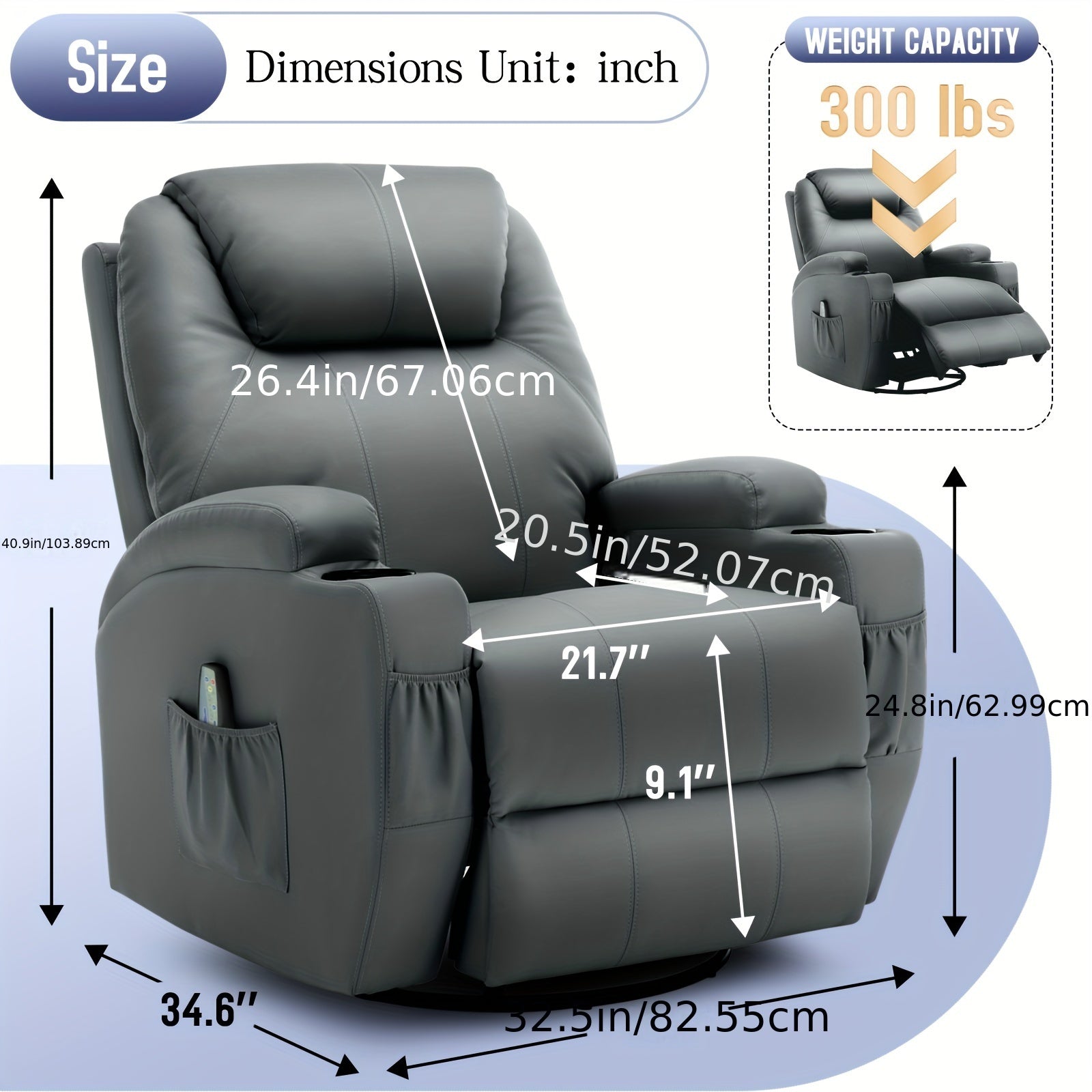 Faux Leather Manual Recliner Chair, Rocking Chair With Massage And Heat, 360° Swivel Recliner Chairs For Adults, Rocker Recliner With Remote Control And Cup Holder For Living Room, Bedroom