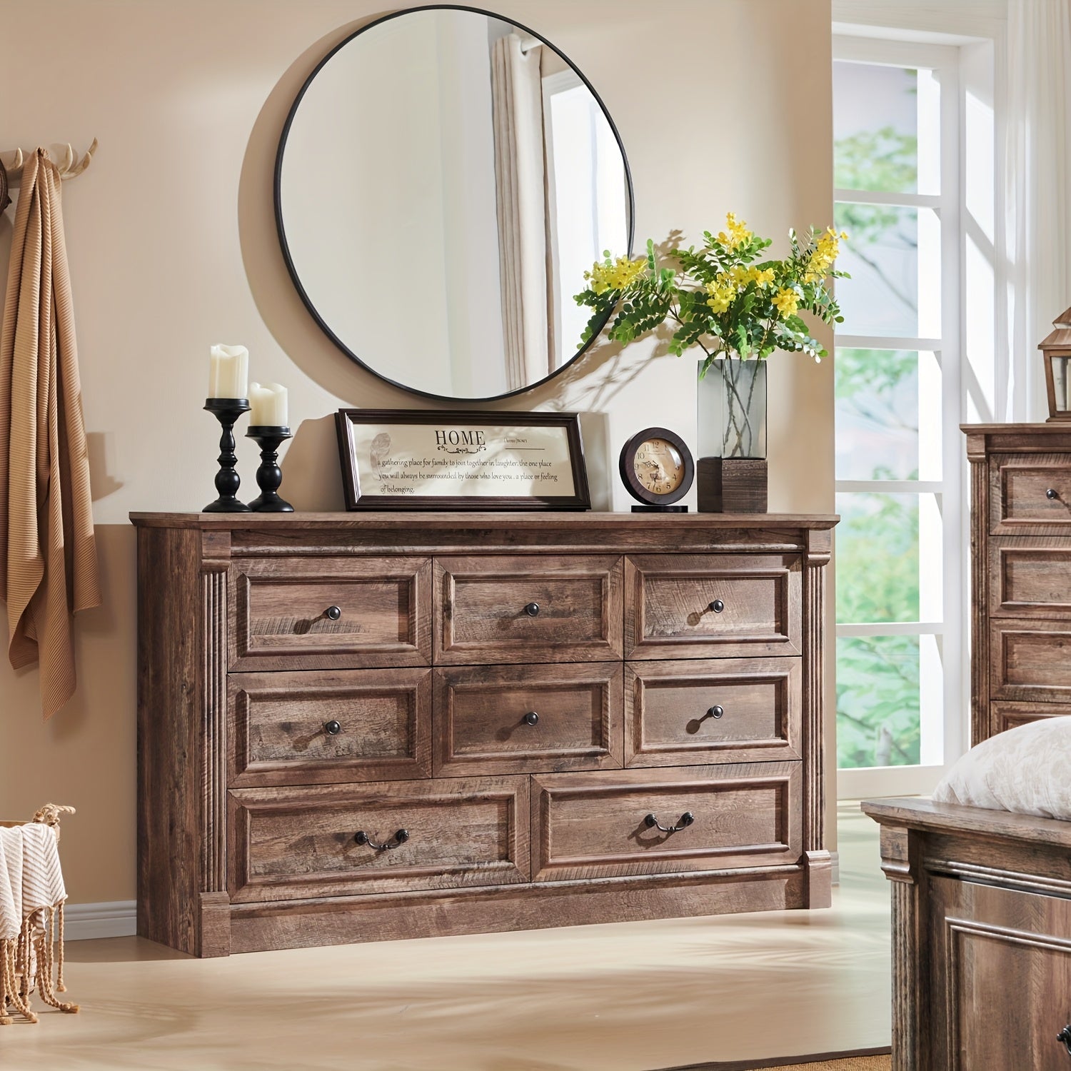 Elegant Farmhouse 155cm Wide White Dresser with Roman Columns - 8 Drawer Organizer Two Sizes Ideal for Bedroom & Living