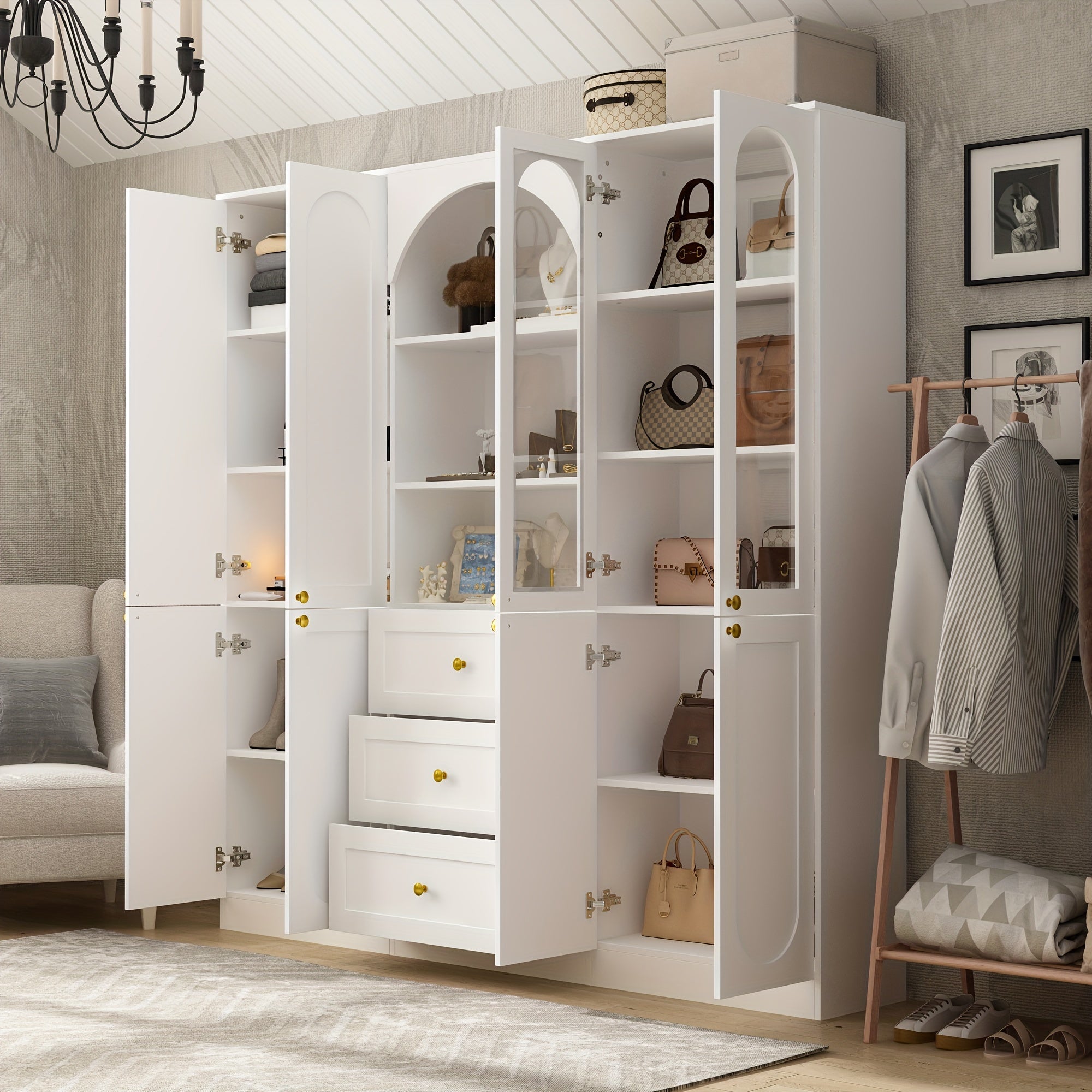 Large Wardrobe Armoire Wooden Closet With 3 Drawers & Open Shelves, Storage Cabinet With Glass Doors & Arch Pattern, Large Storage Space, Stylish And Modern Design, White