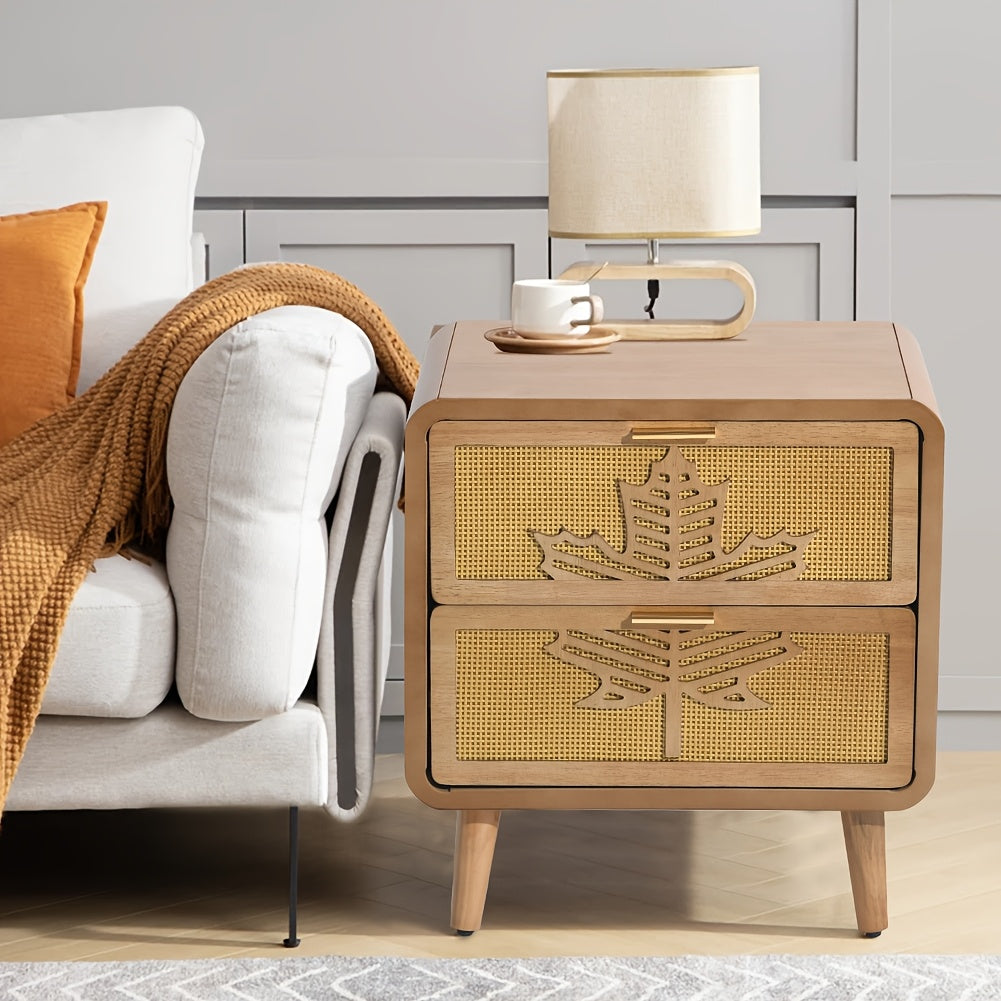 Mid-Century Modern Nightstand] Mid-Century Modern Nightstand with Rattan Accents and Maple Leaf Carving Solid Wood