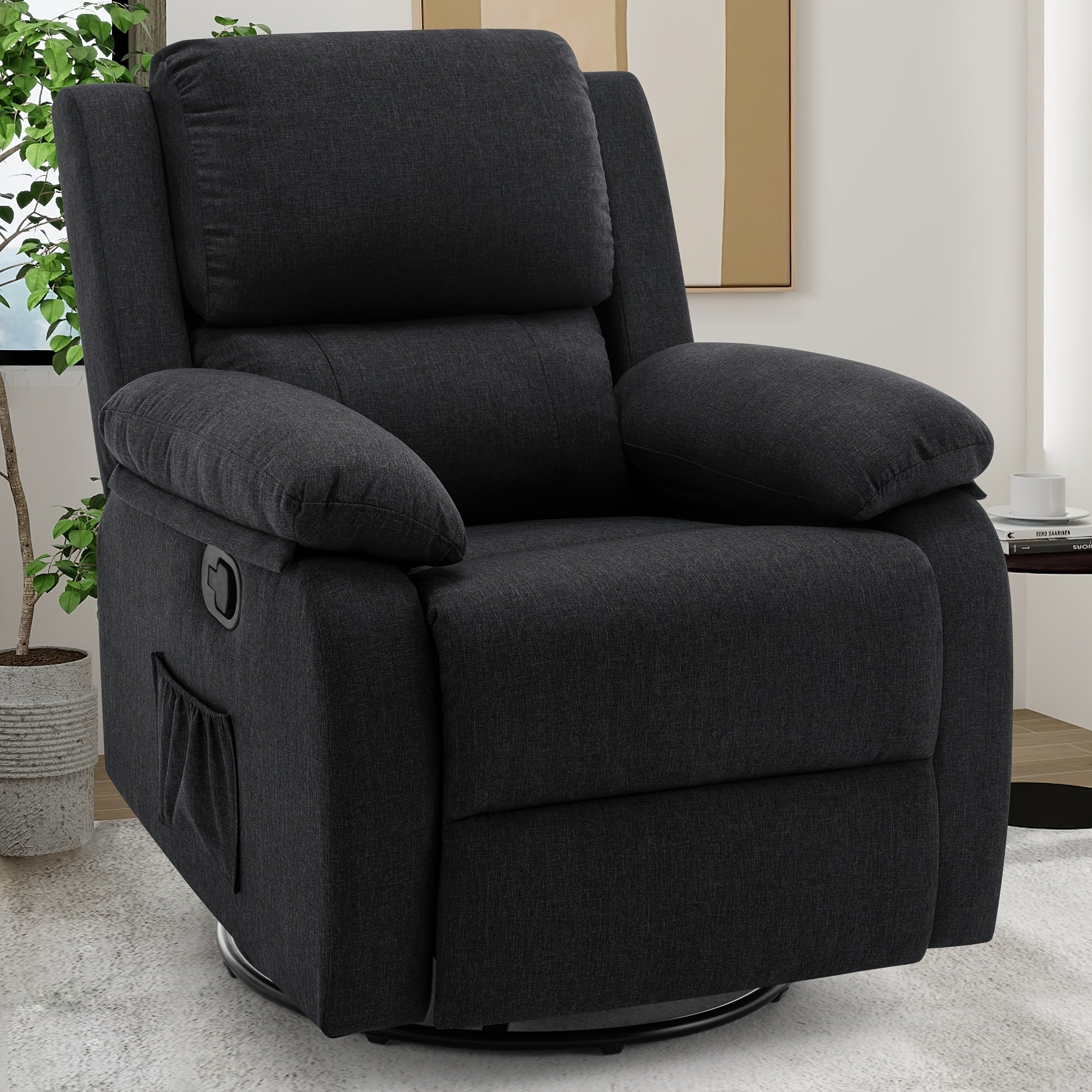 Contemporary Linen Upholstered Rocking Recliner Chair with 360 Swivel, Solid Back, Armrests, and Side Pockets - Hardwood Frame, Foam Filled, Iron Construction for Living Room and Kitchen Use