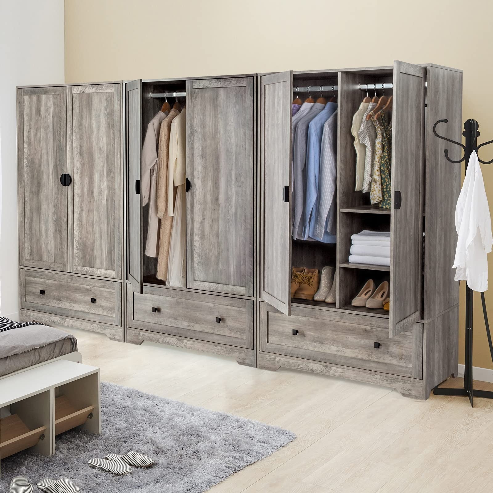 Wide Armoire Wardrobe Closet with Shelves, Hanging Rod and Drawers, Freestanding Closet Wardrobe Cabinet, Armoires and Wardrobes with Doors for Bedroom, Dorm