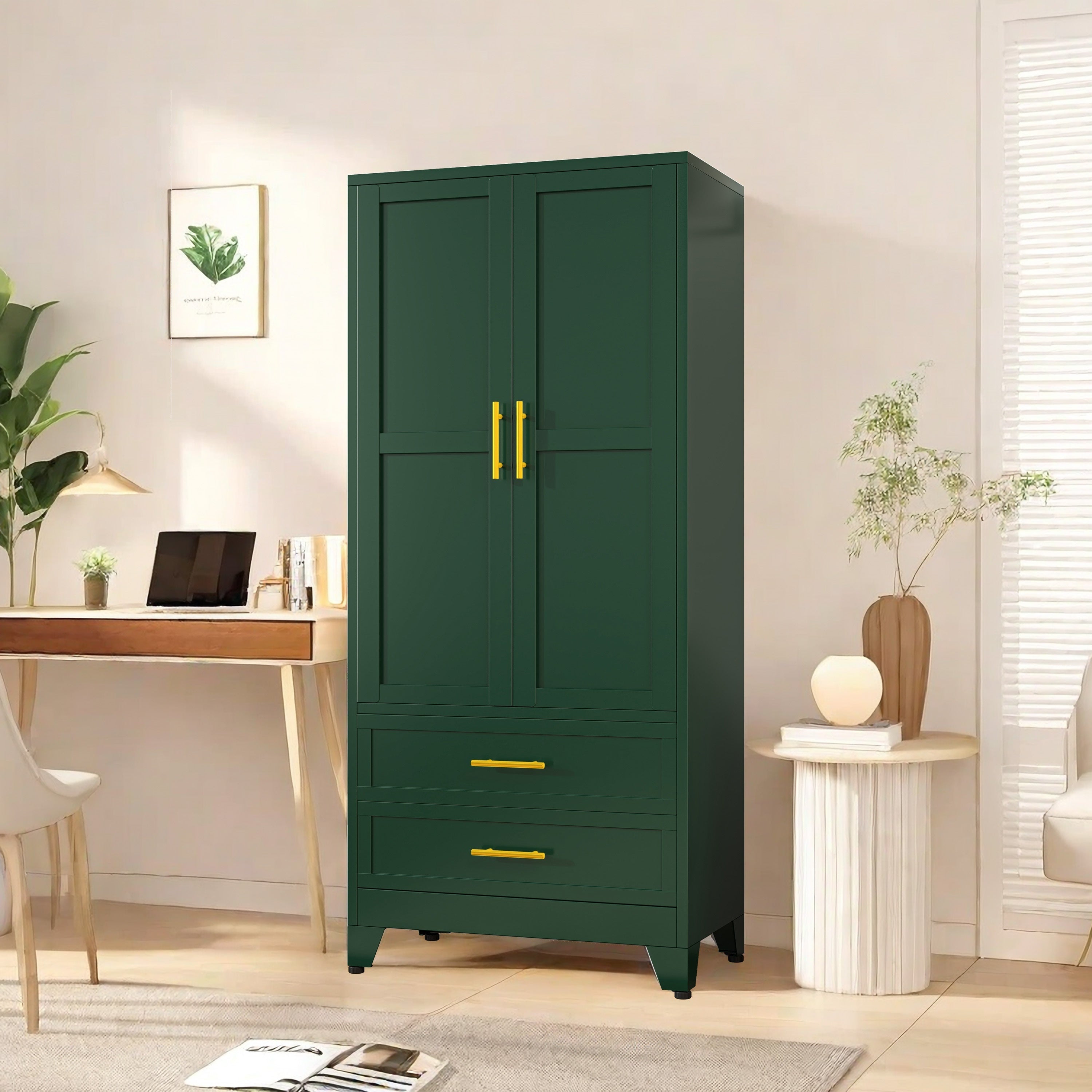 71.39"H Metal Storage Sideboard Armoire Wardrobe Closet with 2 Drawers, Adjustable Shelve, Clothes Drying Pole, Steel Wardrobe Cabinet for Home