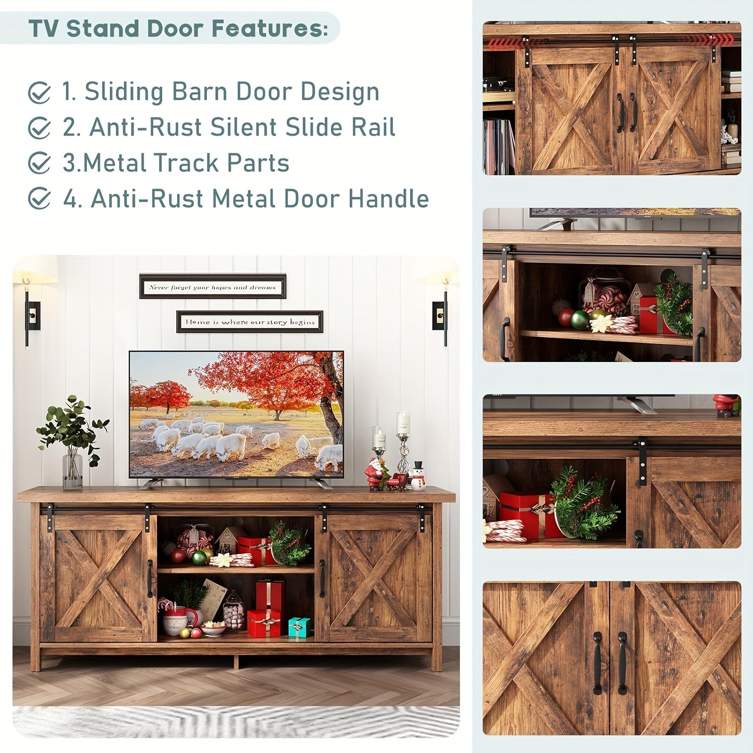 58'' Rustic Wooden Entertainment Center W/Adjustable Storage Shelves, Sliding Barn Door, Mid Century TV Console Media Cabinet For Bedroom Living Room