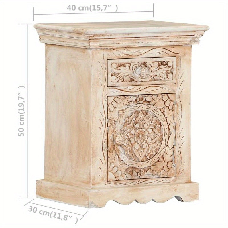 1pc Handcrafted Carved Wooden Bedside Cabinet, Multifunctional Hardwood Nightstand with Storage, Vintage Style, No Electricity Required, Sturdy & Durable, Fits in Small Spaces, Under 27" Height