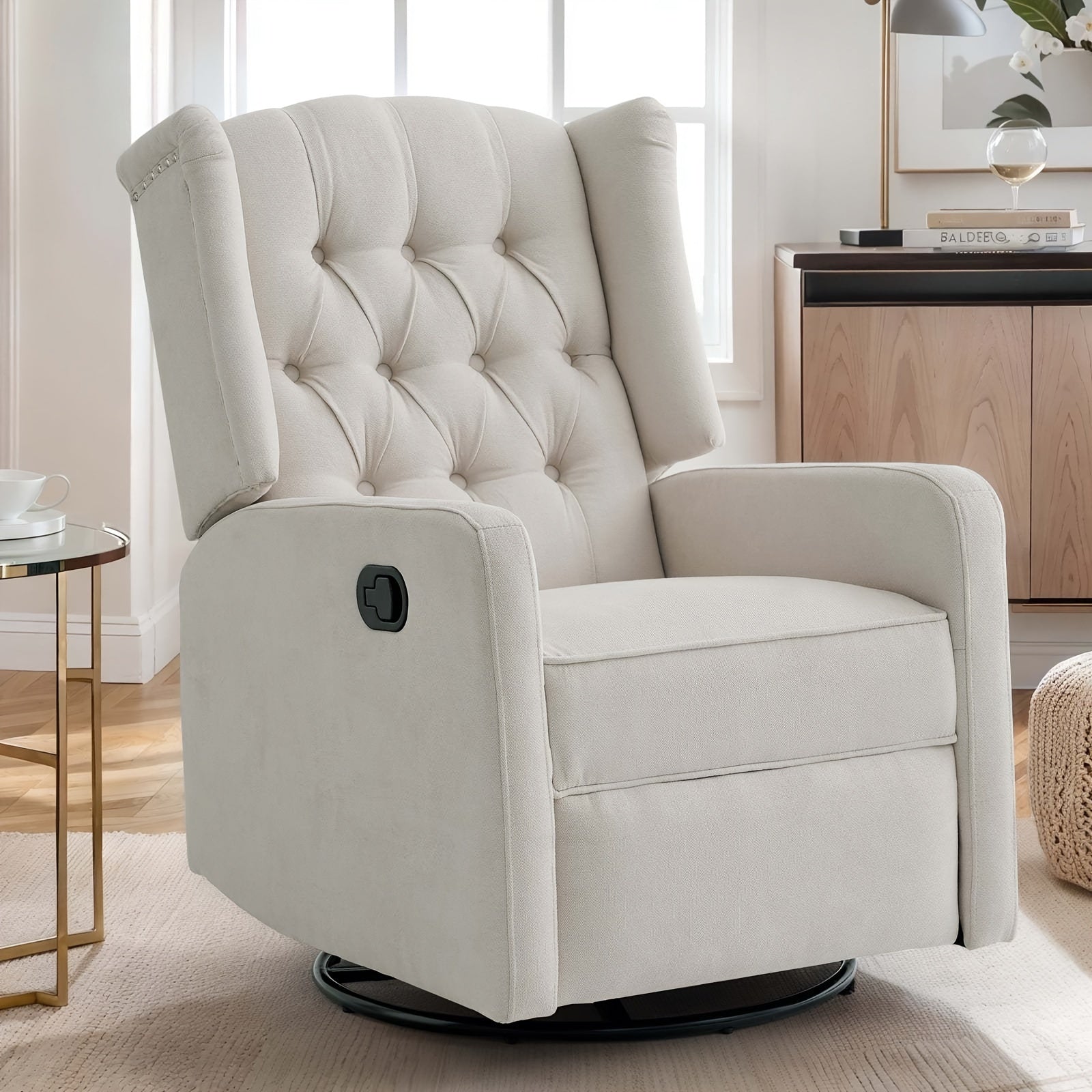 360°Swivel Recliner Chair With Extra Large Extended Footrest, Comfy Upholstered Glider Rocking Chair For Living Room, Beige