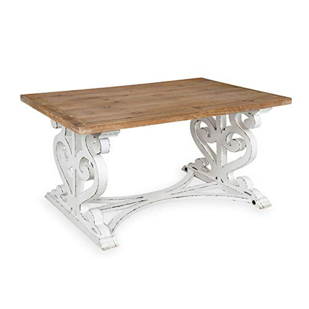 Rustic Carved Coffee Table 38" x 23" x 18" Distressed Brown and White Farmhouse- Inspired Living Room Decor