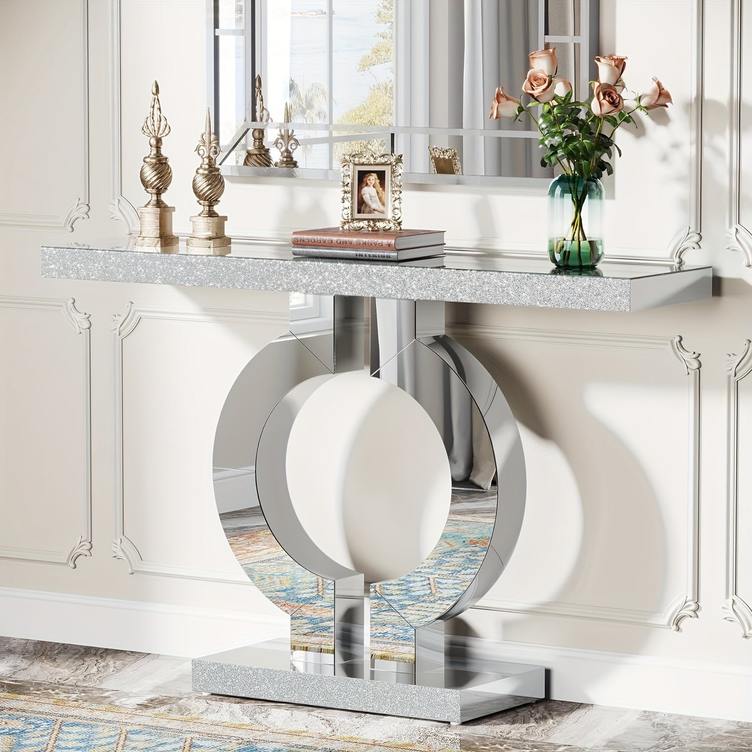 43-Inch Mirrored Entryway Console Table with O-shape, Modern Slim Silvery Glass Sofa Table for Foyers or Living Rooms