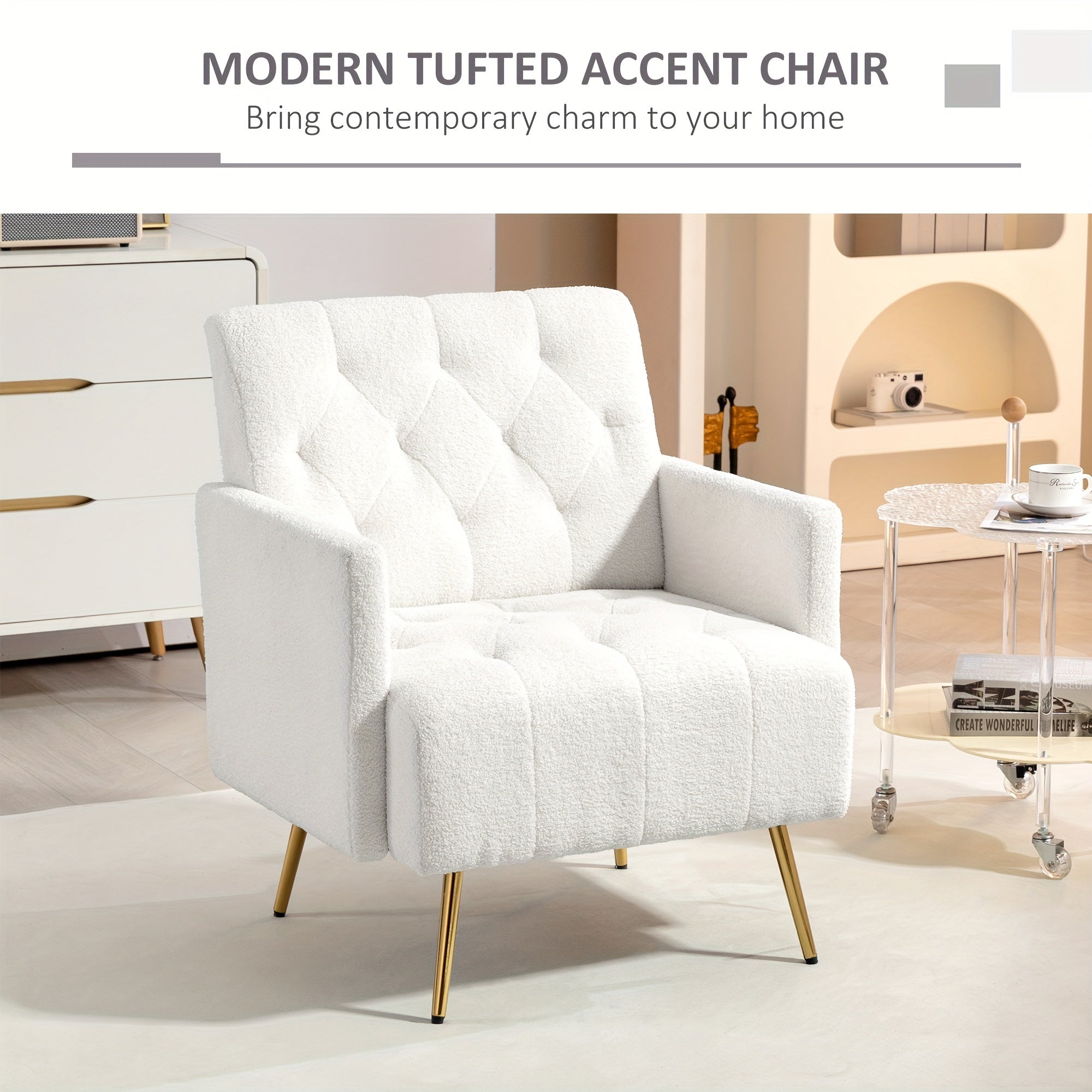 Modern Sherpa Accent Chair, Upholstered Tufted Armchair with Golden Steel Legs, Fabric Reading Chair, Comfy Living Room Chairs, White