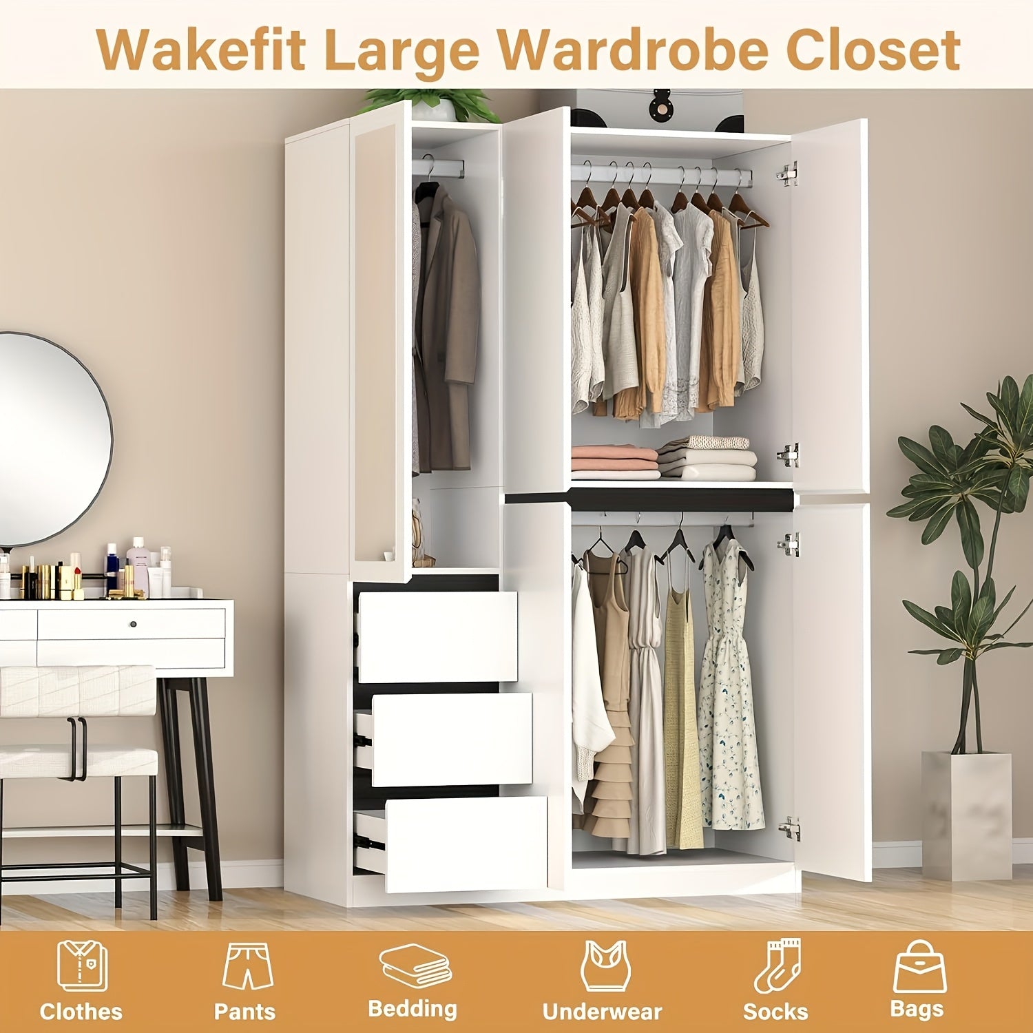 Modern 5-Door Armoire with Mirror - Lockable, Spacious Wardrobe Closet with 3 Drawers & Shelf Storage