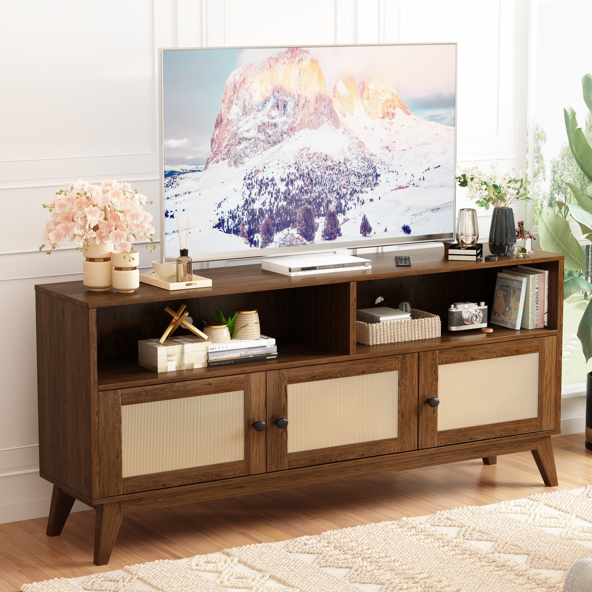 TV Stand for 55 65 inch TV,Boho TV Stand, Entertainment Center with 2 Storage Shelf,Modern Media Console with 3 Rattan Doors, TV Console Table, Living Room, Walnut, 57"L15.74"W29.92"H