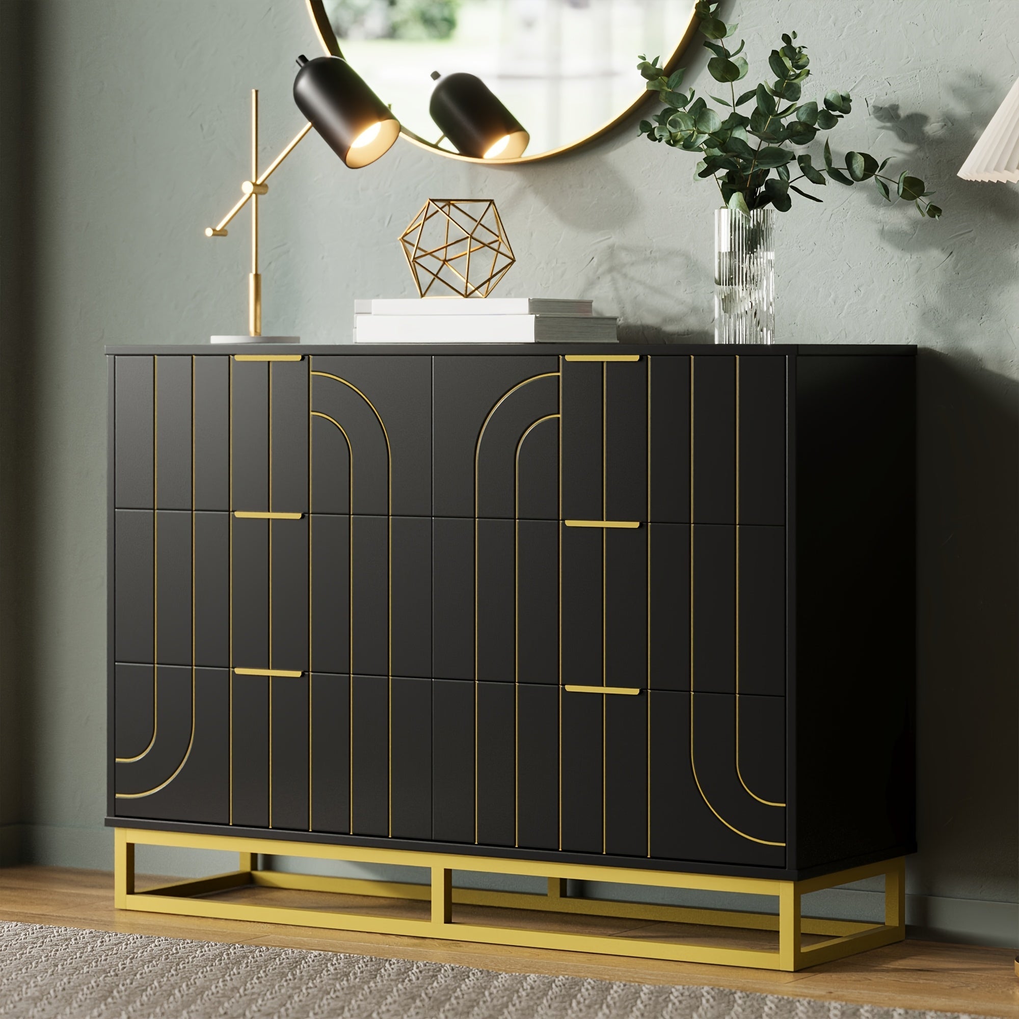 Elegant 48" Dark Blue & Golden Modern Wooden Dresser - Versatile File Storage Cabinet with 6 Drawers, Easy Assembly, Durable Construction for Bedroom, Living Room & Office - Ideal Housewarming Gift for Home Decor Enthusiasts,