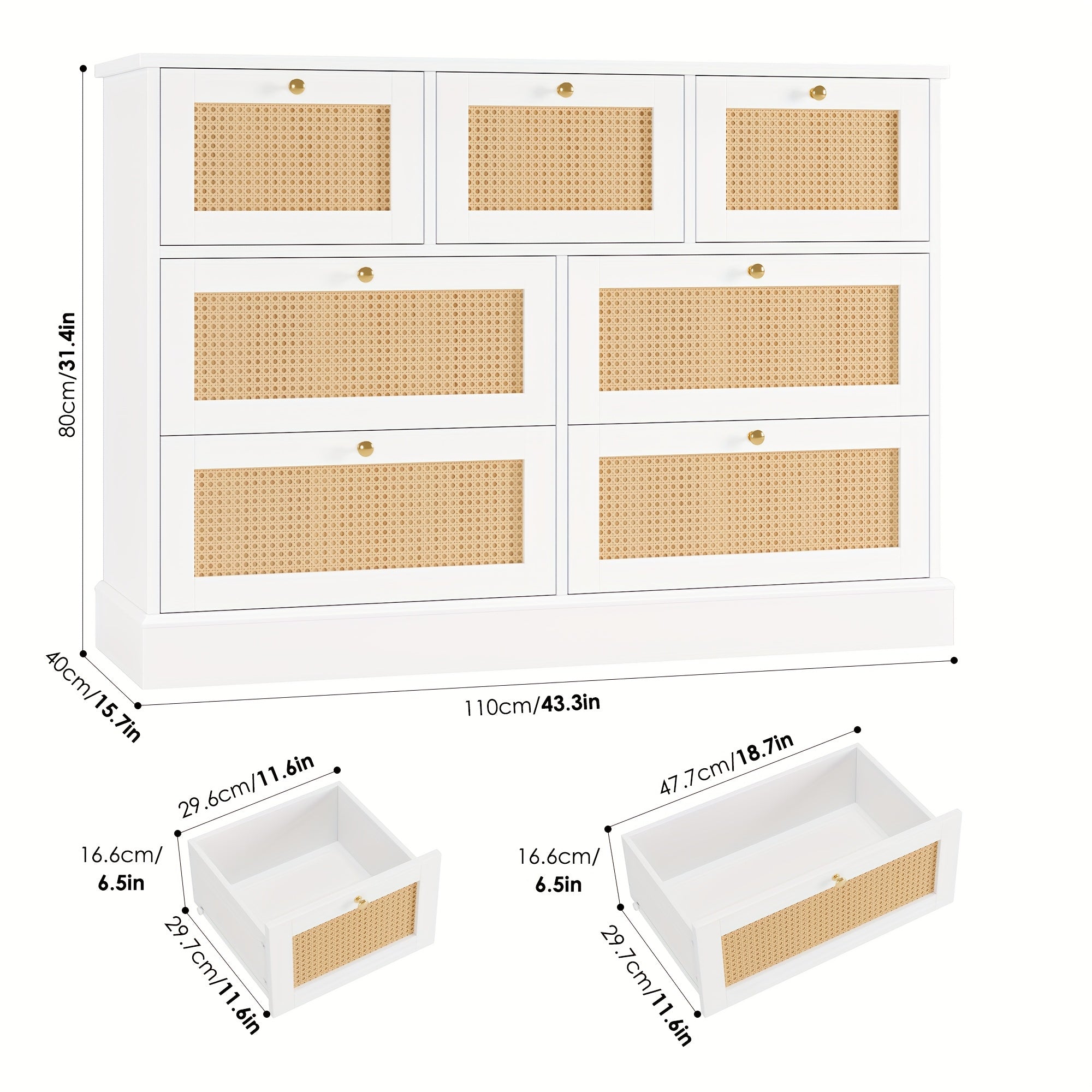 1pc Modern White Rattan Dresser with 7 Drawers - Wall Mount No Wood Electricity-Free Spacious Closed Storage <3.2 Cubic