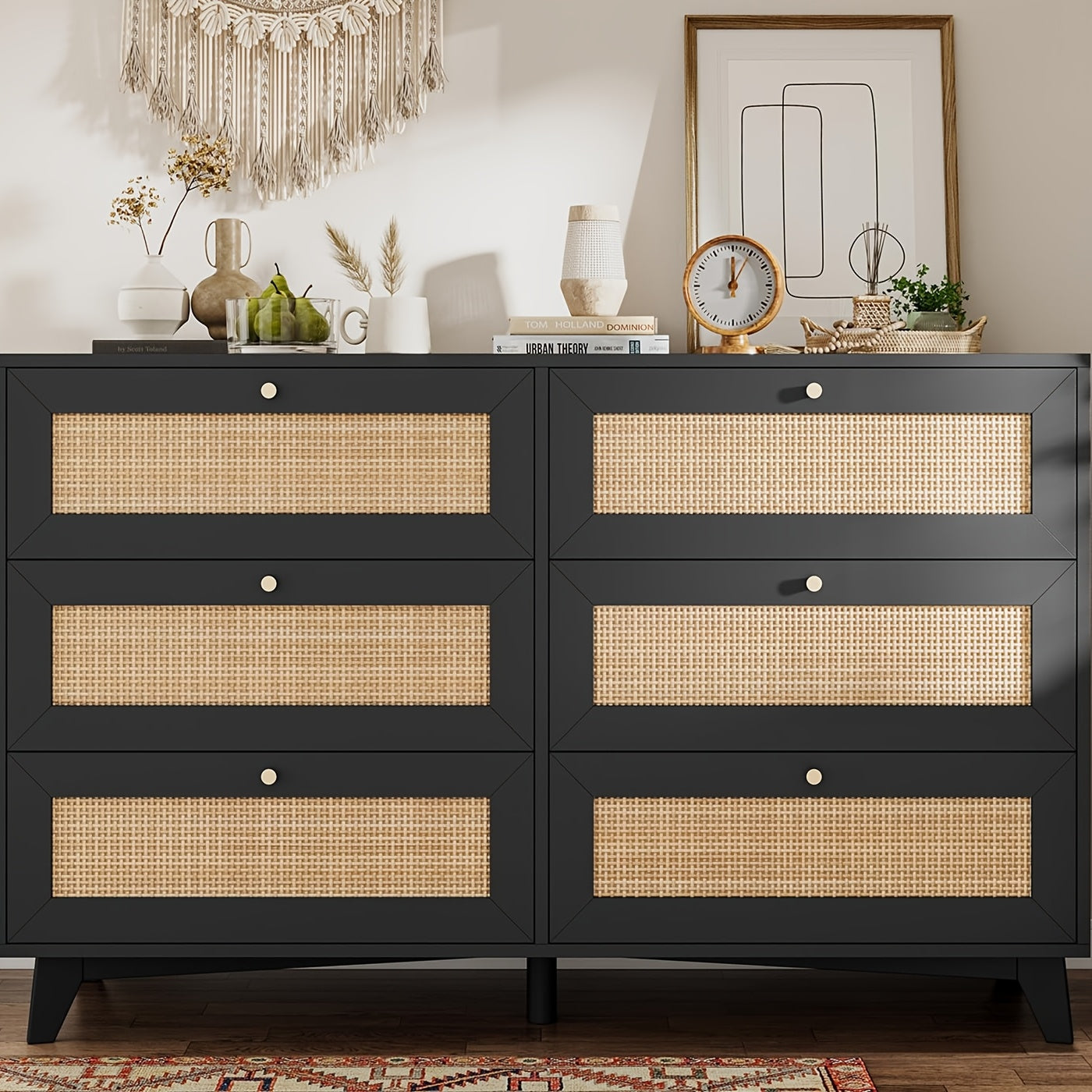 47.2'' Black Natural Rattan Dresser For Bedroom With 6 Drawers, Modern Double Wooden Wide Bedroom Dresser, Chest Of Drawers With Metal Handle & Solid Wood Legs For Bedroom/Living Room