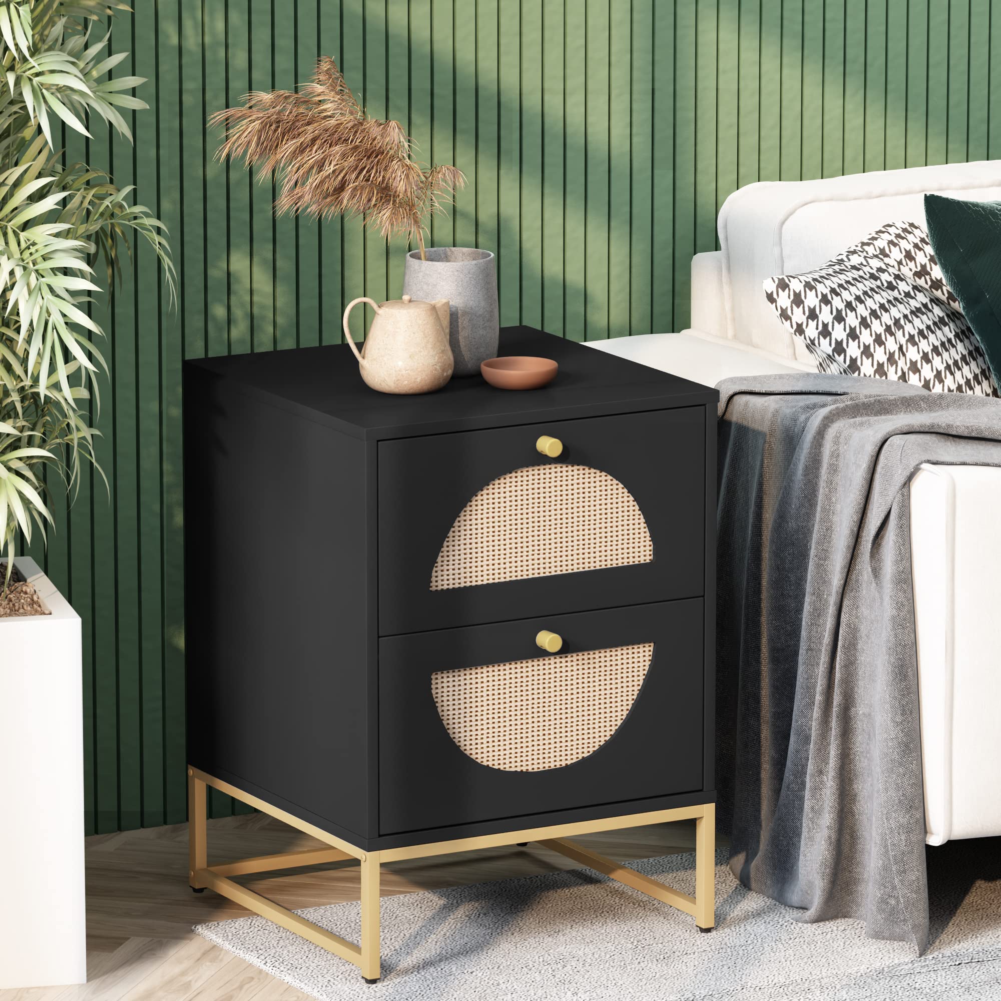 Modern Rattan Nightstand, Multi-Functional Side Table with Two Storage Drawers, Suitable for Living Room, Bedroom and Small Space Storage Table