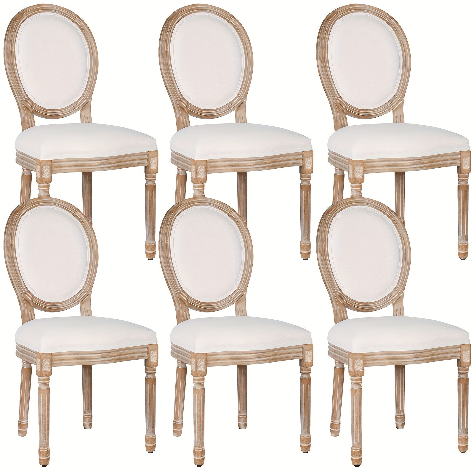 Set of 6 Polar Beige Dining Chairs - Square Back, Solid Wood Legs & Frame for French Country Kitchen or Restaurant, Fabric, Dining Room