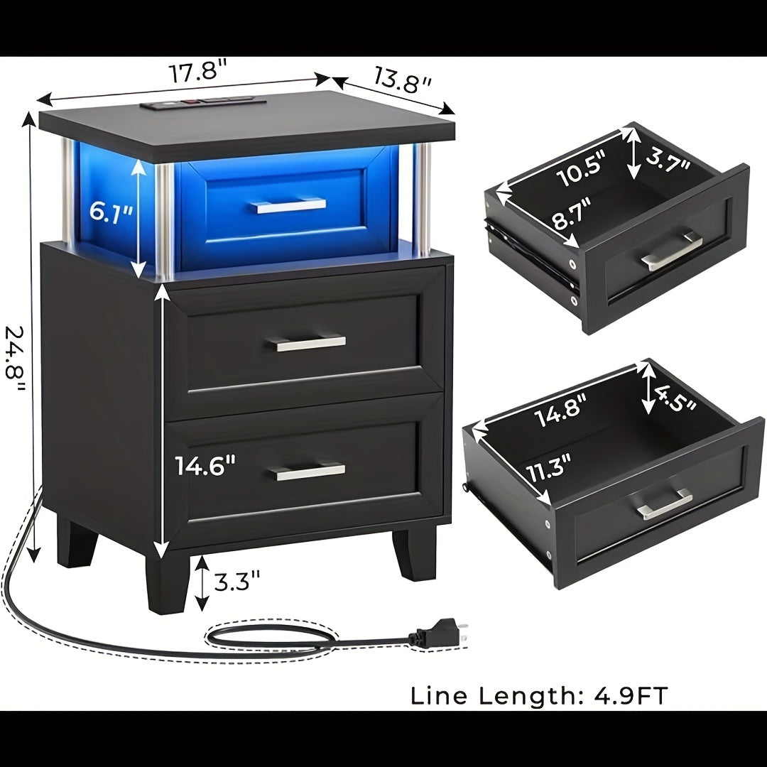 RGB LED Nightstand With 3 Drawers Bedside Table End Side Table For Bedroom, Office, Living Room Black