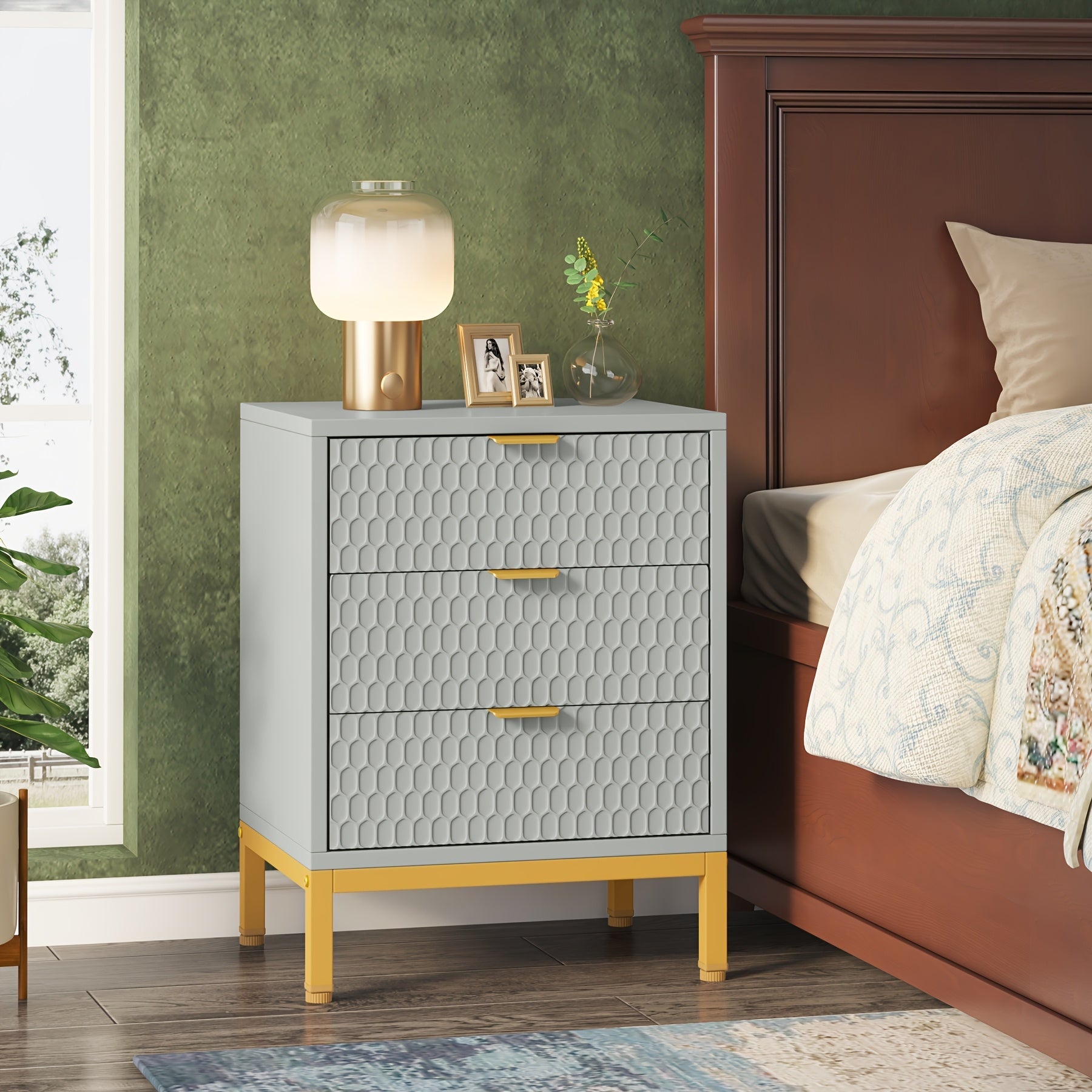 Modern White & Golden 3-Drawer Nightstand - Spacious Bedside Table with Storage, Durable Metal Frame, Ideal for Bedroom Organization, Bedside Table for Bedroom, Side End Table, Storage Lockers, BYBLIGHT