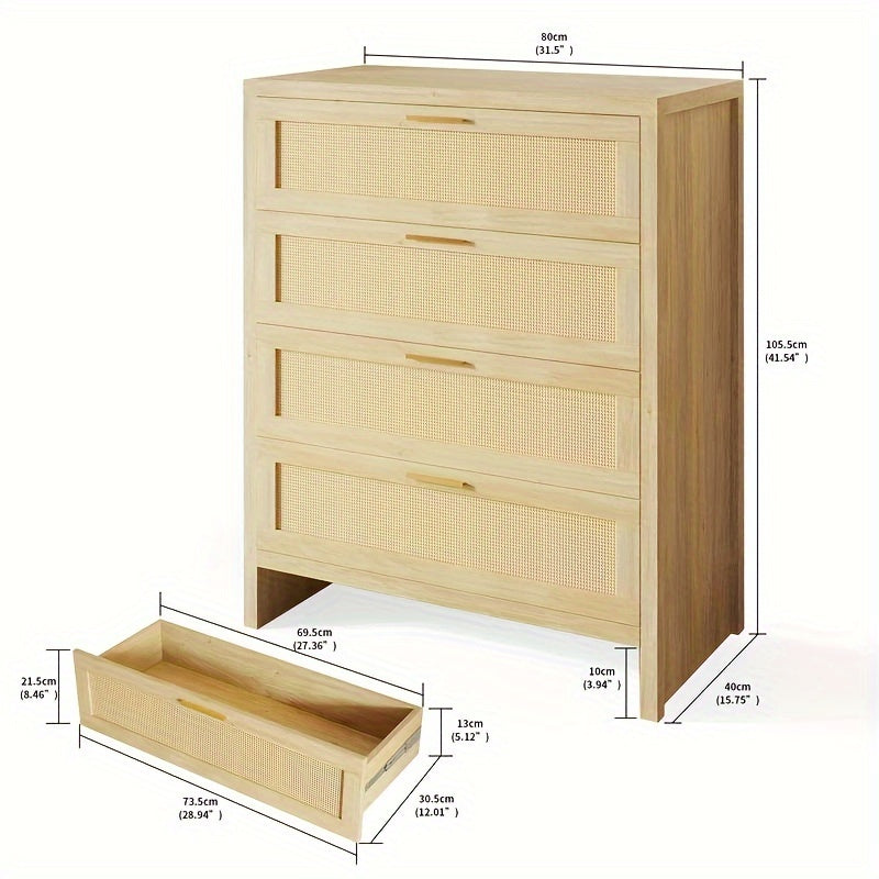 4 Drawer Dresser for Bedroom, Rattan Modern Wooden Dresser Chest with Golden Handles,, Wood Storage Cabinet, Beside Table for Closet, Living Room and Entryway, Natural