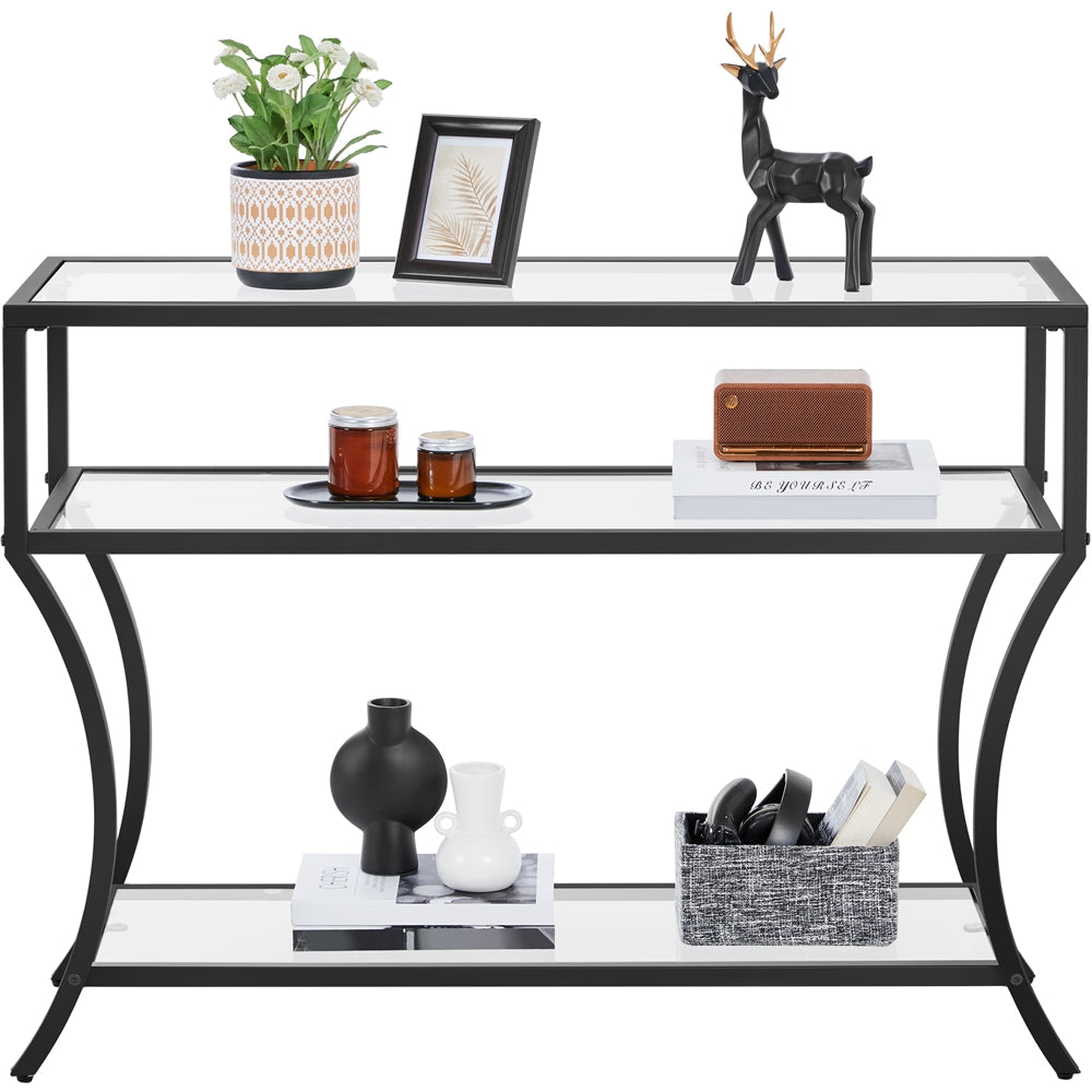 42 Inch 3-Tier Tempered Glass Console Table,Modern Glass Sofa Table, Entryway Table with Lower Shelf,Black