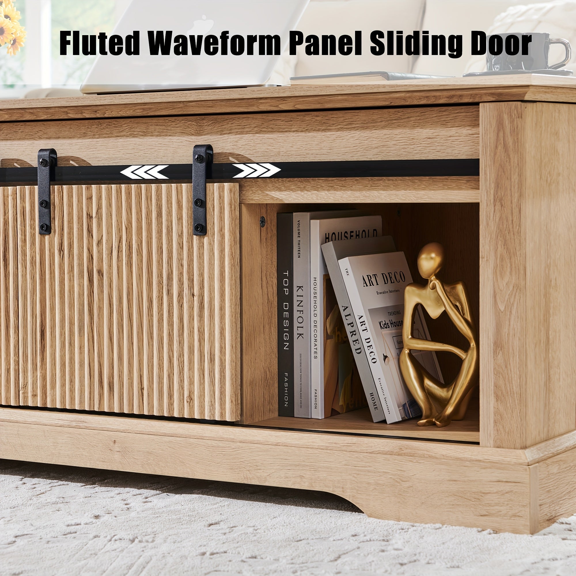 Modern 117cm Fluted Lift Coffee Table with Hidden Storage - Adjustable Height Sliding Door & Shelf Convertible Wooden