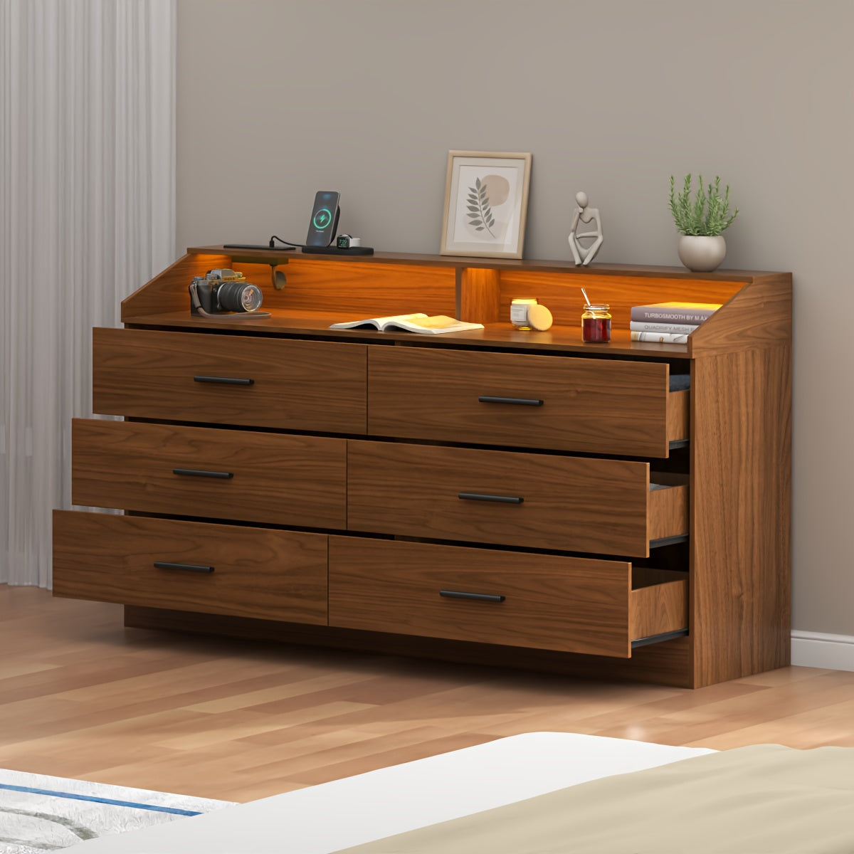 White Dresser For Bedroom 6 Drawers Dresser With Power Outlet Chest Of Drawers With LED Light Modern Dresser With Open
