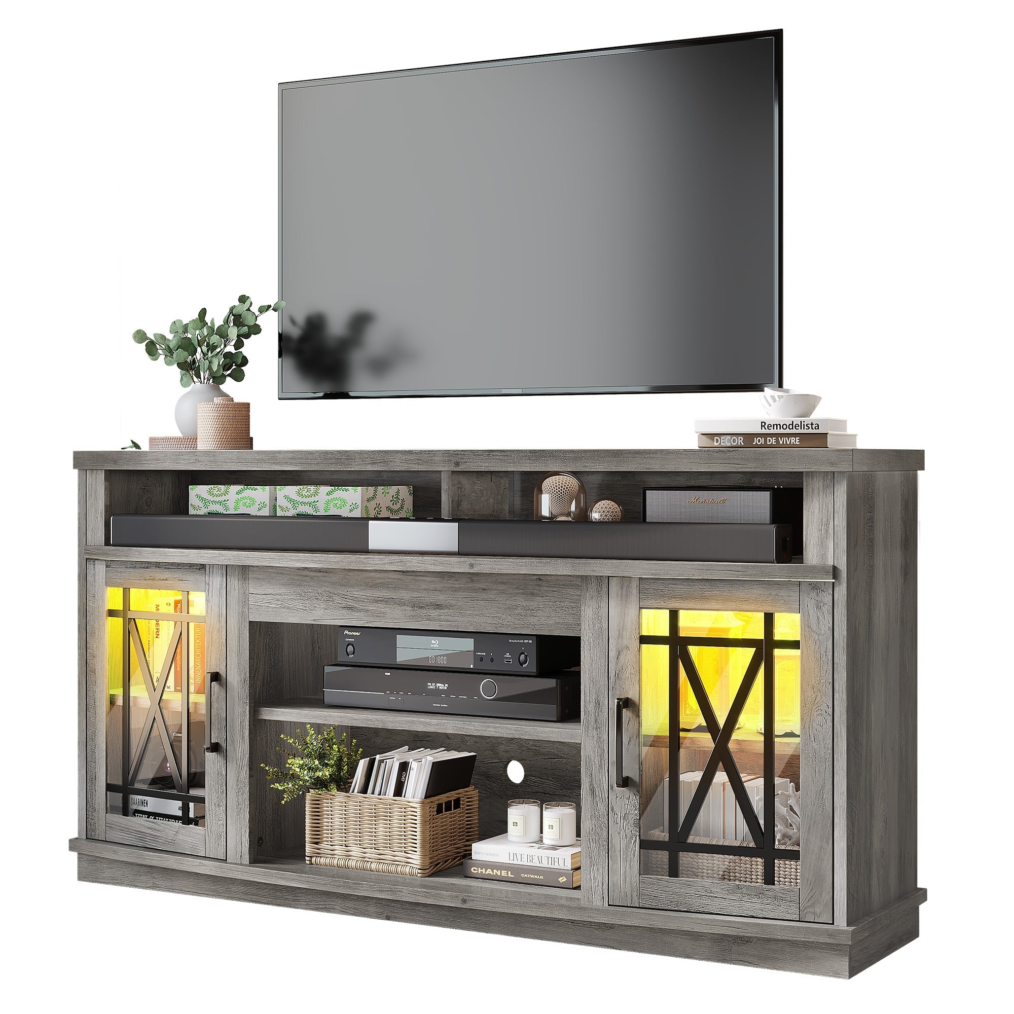 Farmhouse TV Stand for 70 in TV W/ LED Lights Entertainment Center Media Console Thanksgiving Christmas Halloween Day Gift