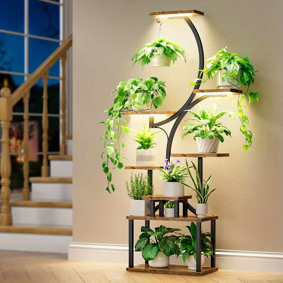 S-shaped Plant Stand Indoor With Grow Lights, 62'' Tall 8 Tiered Large Metal Household Plant Flower Stand With Thickened Wooden Boards, Multi Functional Display Stand, Suitable For Terraces, Balconies, Living Rooms, Courtyard