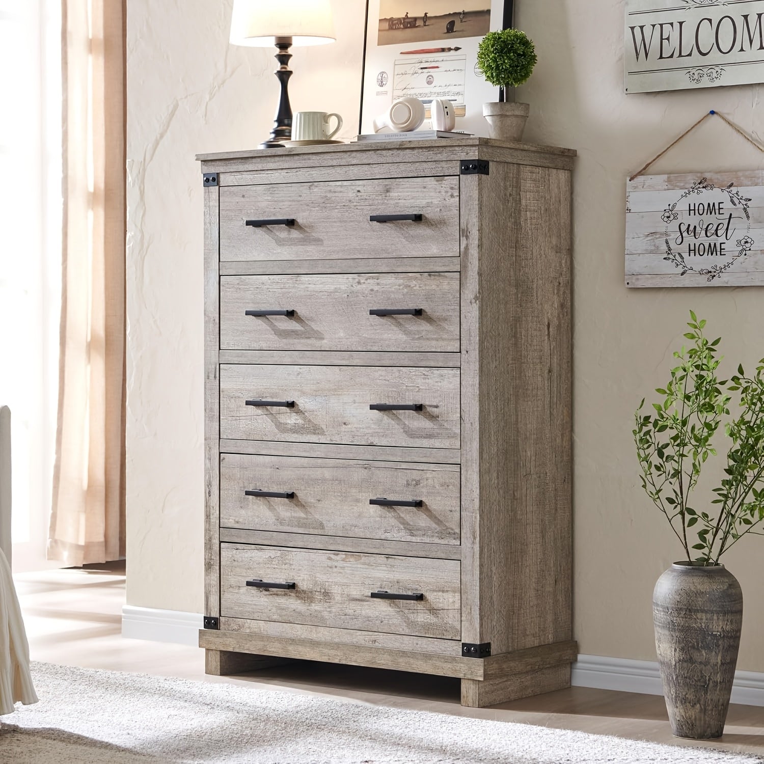 Farmhouse 5 Drawers Dresser For Bedroom, 48" Tall Wood Chest Of Drawers W/Natural Texture & Metal Handle, Rustic Storage Dressers Organizer For Living Room, Hallway