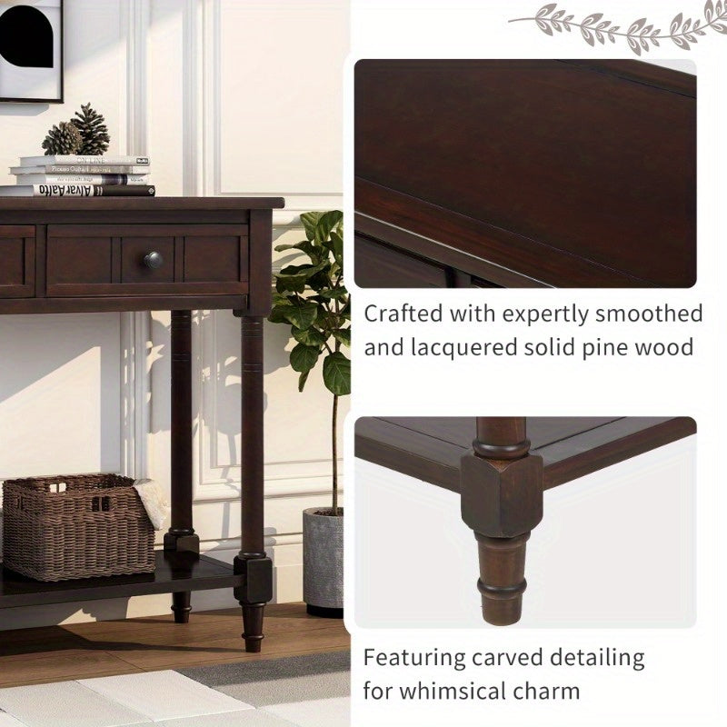 Modern Metal Console Table with Two Drawers and Bottom Shelf, Sturdy & Stylish Leg Base, No Wood, Elegant Space-Saving Solution, with Espresso Finish for Entryway, Living Room