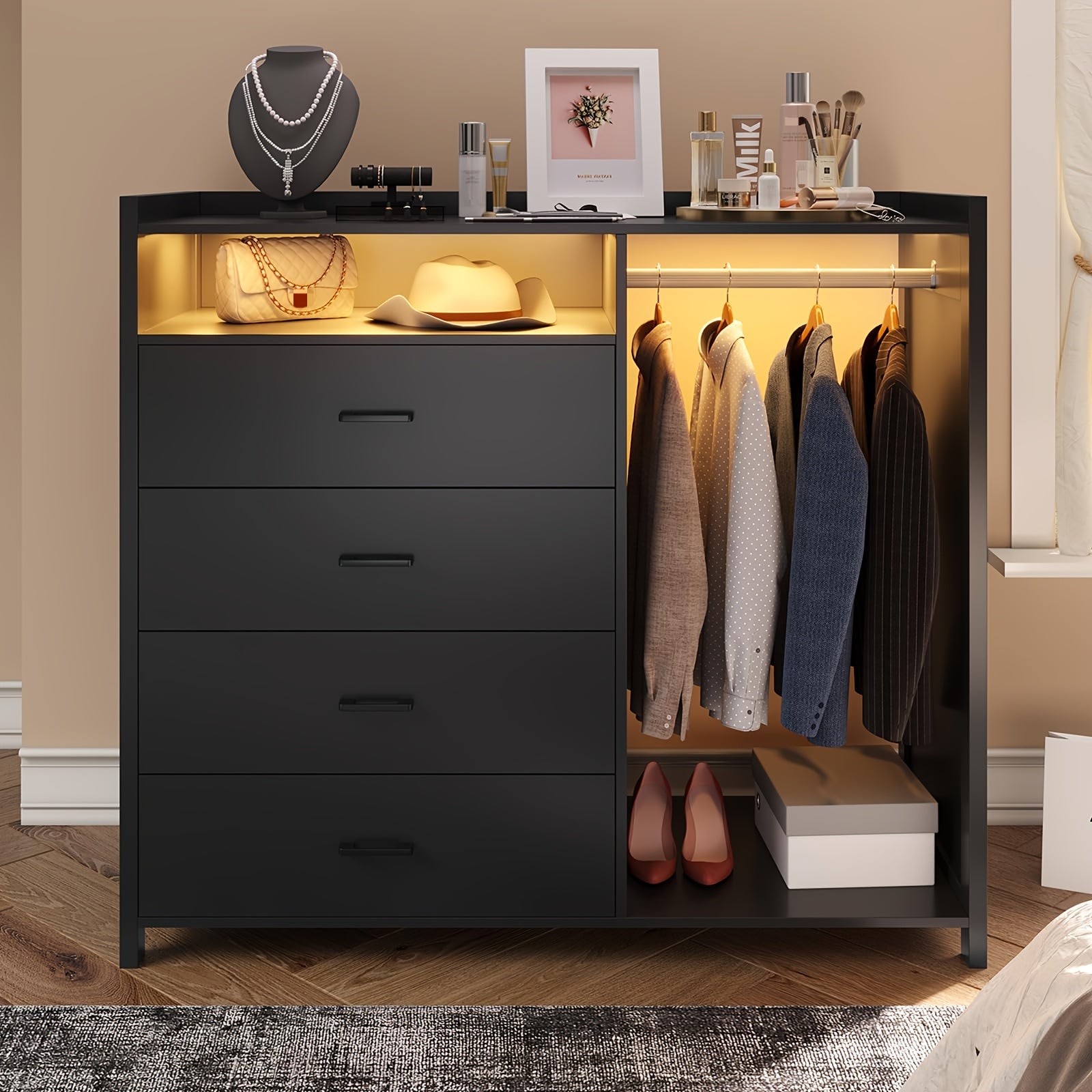 Modern White 4-Drawer Dresser with LED Lights - Versatile Storage Chest for Bedroom, Includes Clothes Rail & Open Shelf