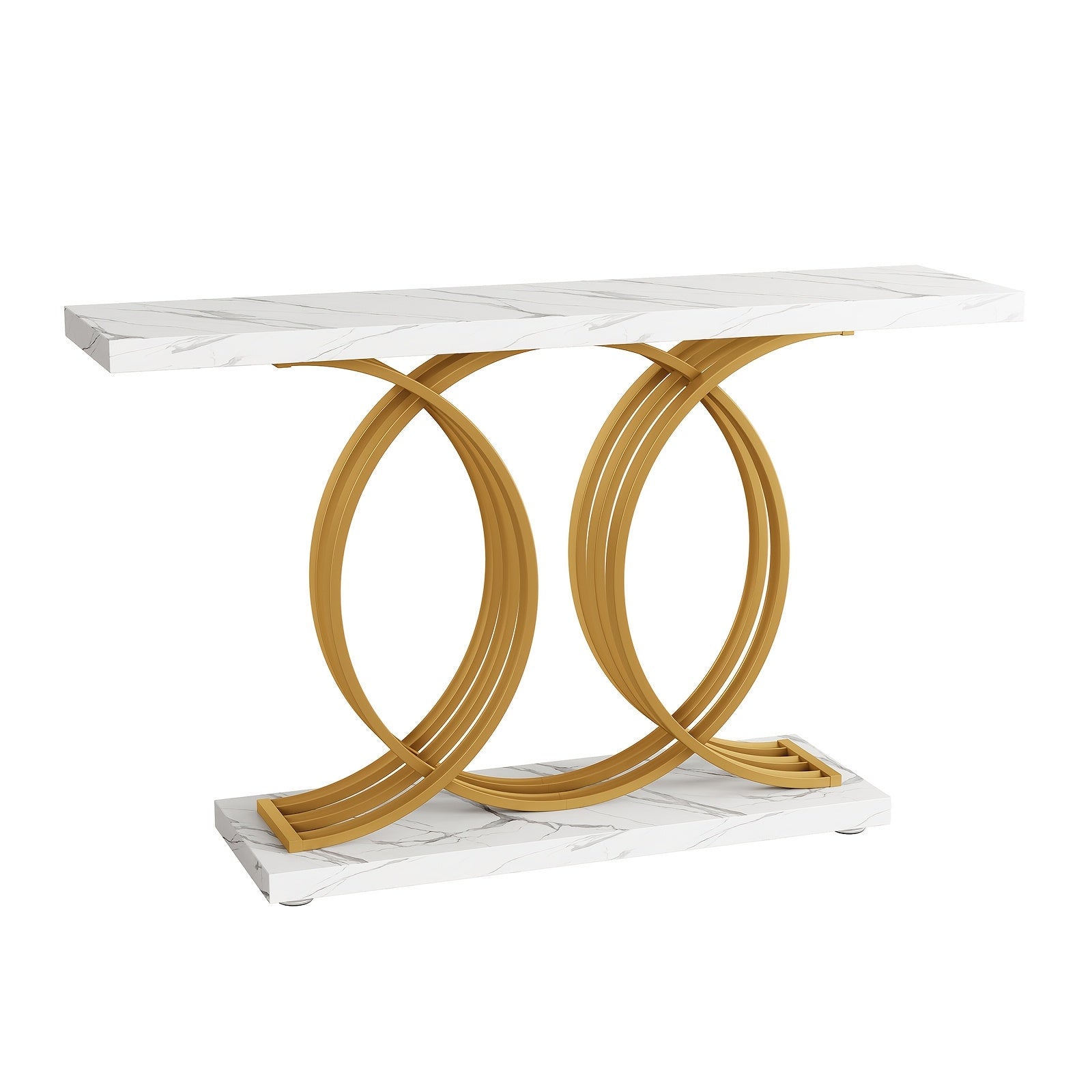 55 Inch Console Table For Hallway, Faux Marble Golden Entryway Table With Geometric Metal Base, Modern Narrow Sofa Accent Table For Entrance, Living Room, Foyer (White & Golden)