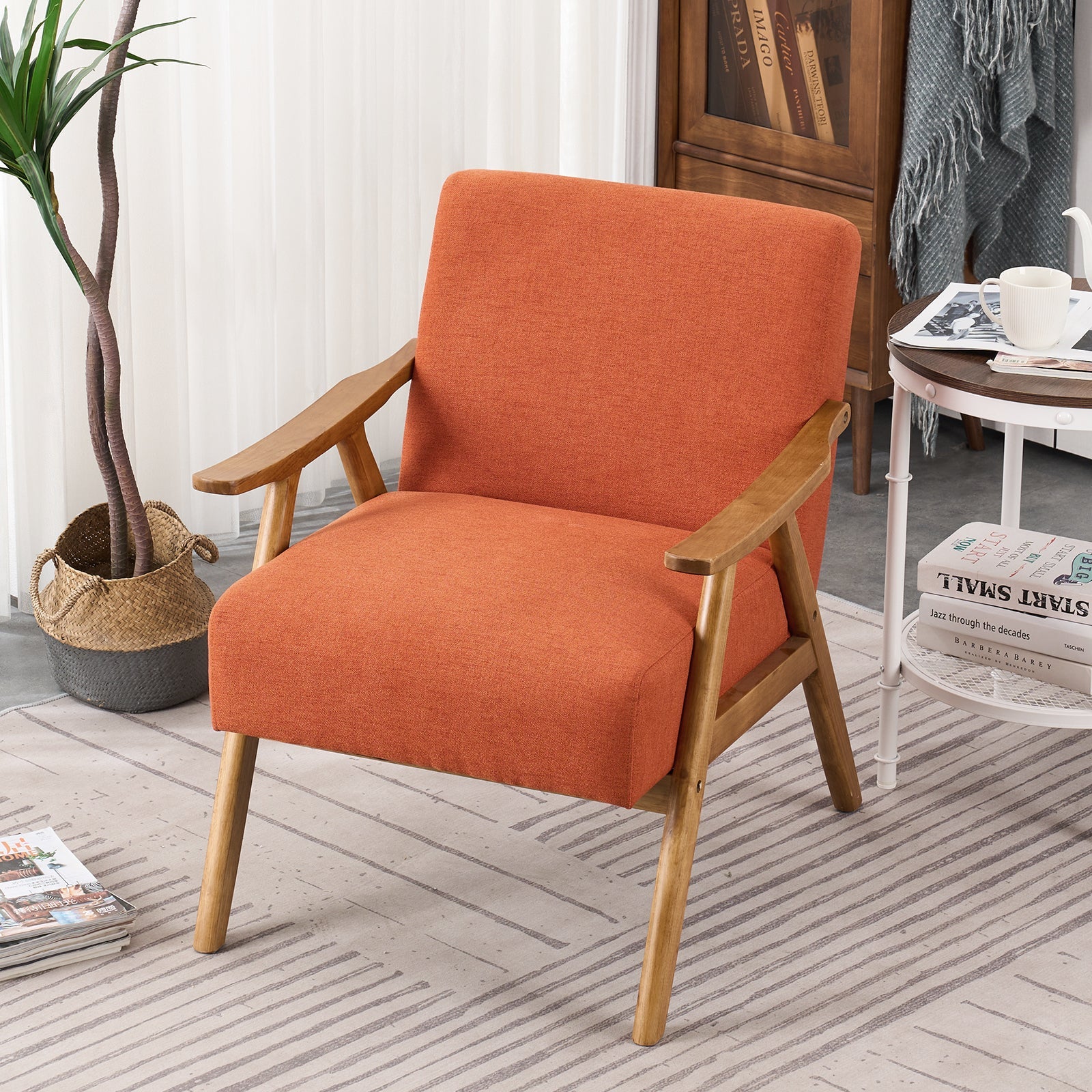 Mid-Century Retro Modern Upholstered Lounge Chair Fabric Accent Chair Sturdy Wooden Frame Armchair