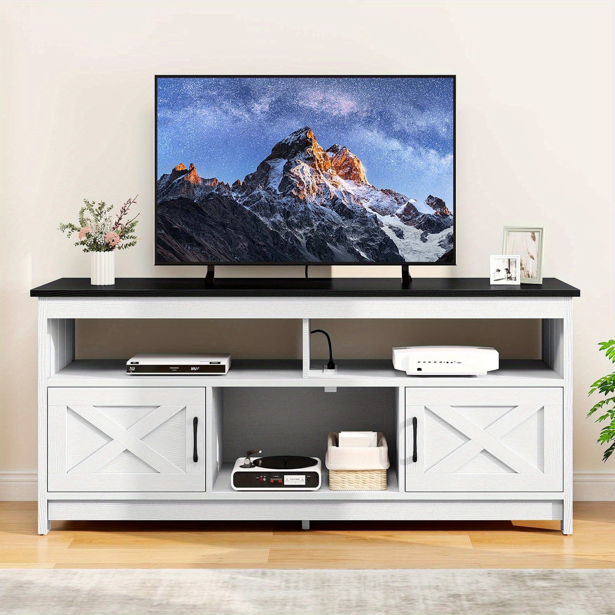 Farmhouse TV Console with Power Outlet, Media Cabinet with Shelves for Living Room, Black and White