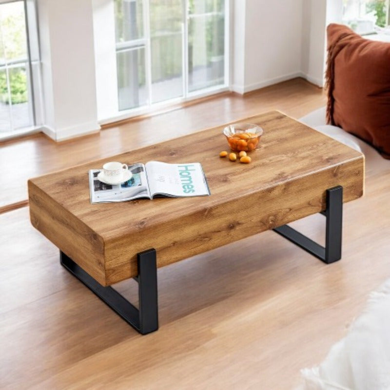 1pc Rustic Solid Wood Coffee Table with Metal Legs - Casual Style, Freestanding, Hard & Soft Wood Construction, Under 3.2 Cubic Feet Storage, Less Than 27 Inch Height