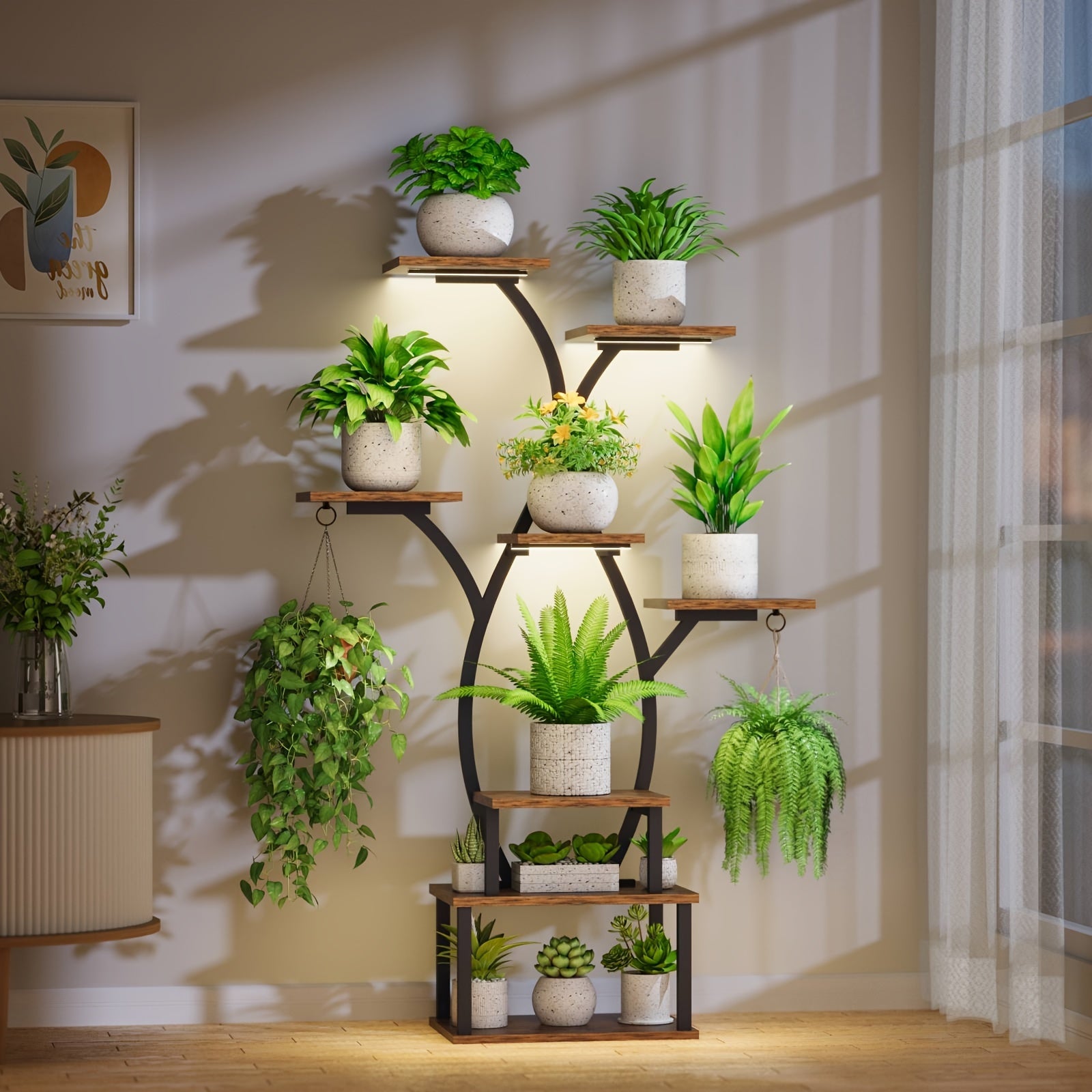 8-Tier Indoor Plant Stand with Grow Light - Curved Metal & Wood Corner Shelf, Multi-Functional Large Display Rack for Various Plants, Ideal for Patio, Garden, Balcony, Living Room Decor, Indoor Plant Display | Modern Plant St