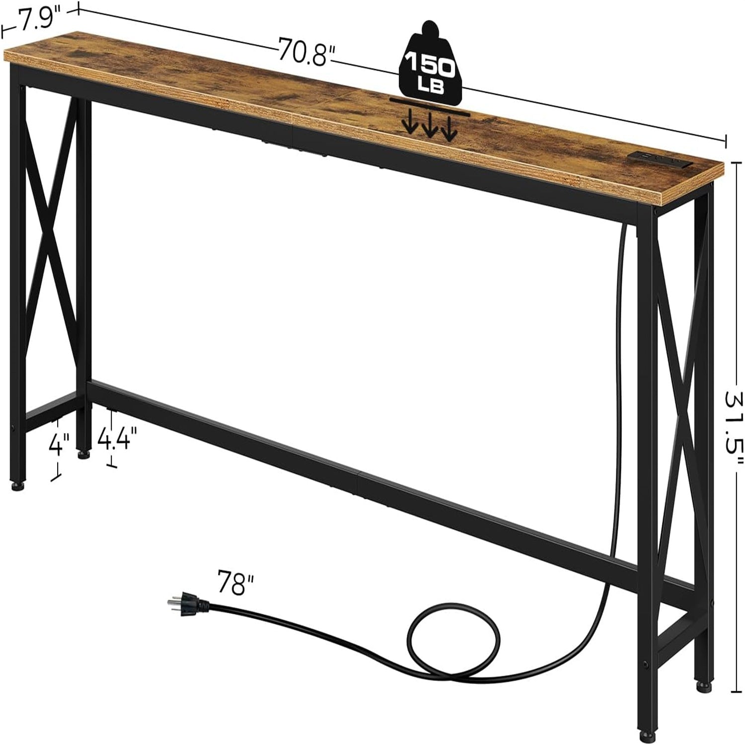 55.1/70.8 Inch Console Table with Outlet, Sofa Table with Charging Station, Industrial Entryway Table, Narrow Entryway Table, Skinny Hallway Table, Behind Couch Table, Behind Couch Table for Entryway, Hallway, Foyer, Living R