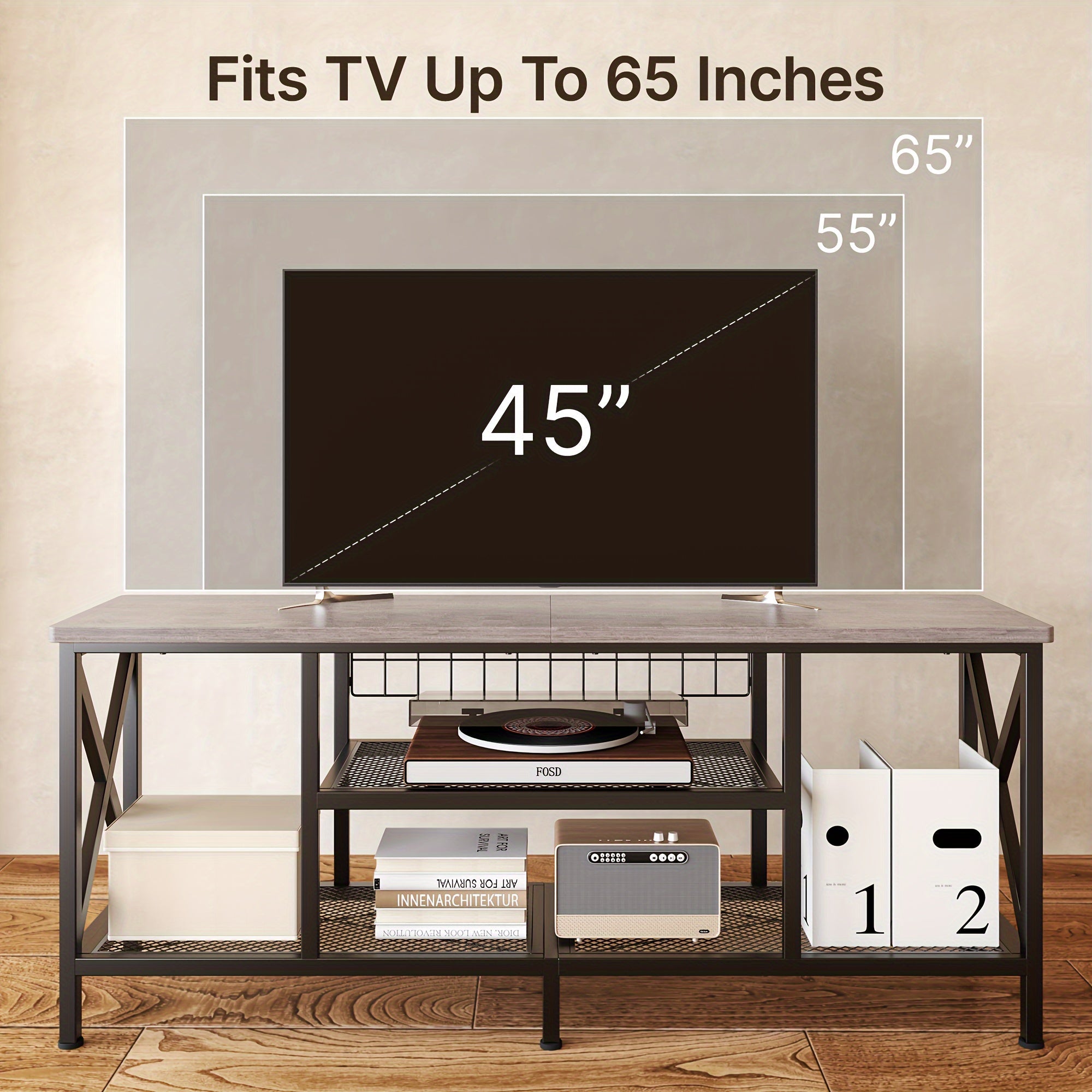 Industrial TV Stand, 59.8" Wide, Perfect For 55-65 Inch TVs, 3-Tier Media Entertainment Center With Stylish Open Shelves, Sturdy Metal Frame - Ideal For Living Room, Bedroom, Or Office Use, Gray