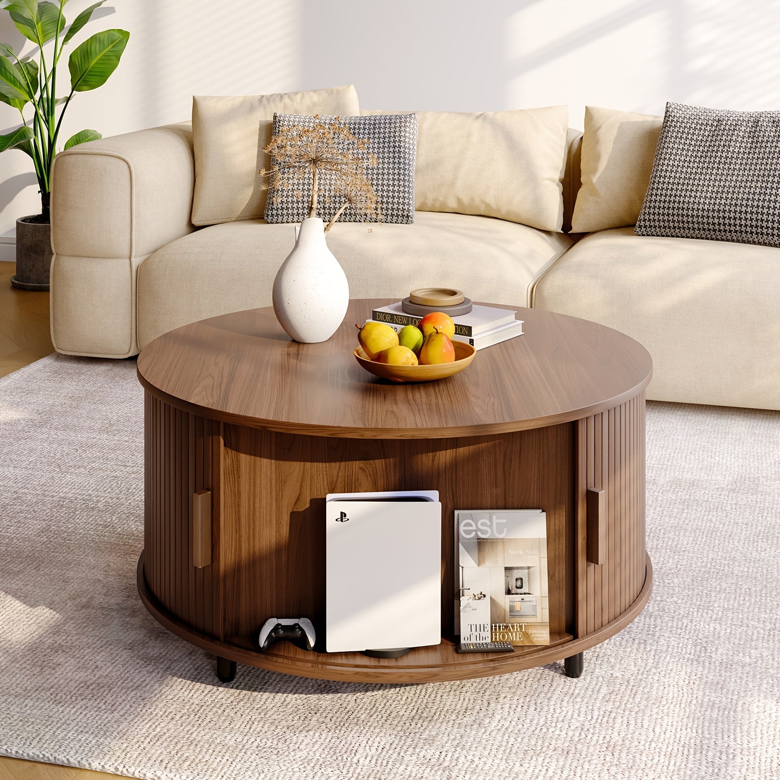 Modern Round Coffee Table with Storage, Solid Wood & Metal Frame, Engineered Wood Top, Space-Saving Design, Hardwood Construction, with Grooved Walnut Finish for Living Room