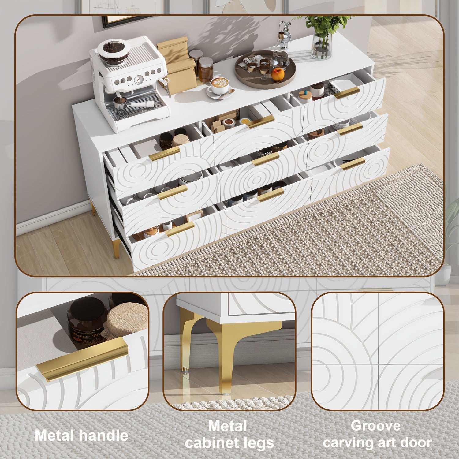 9/6-Drawer Modern Storage Cabinet Gold-Accented Handles Geometric Pattern Sturdy Metal Legs Easy-Slide Drawers Living