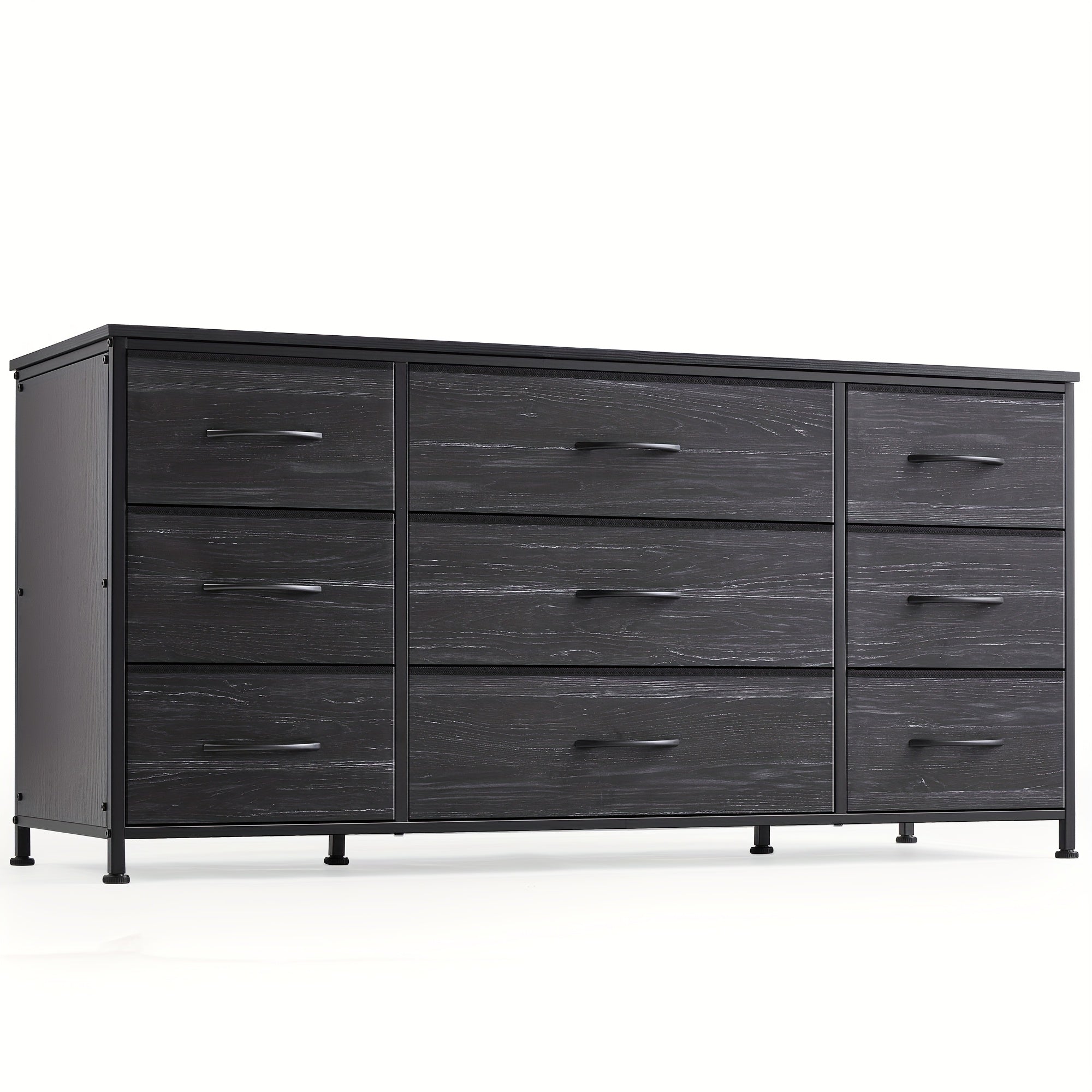 Spacious 9-Drawer Dresser TV Stand in Charcoal Black - Sleek Metal Frame & Wood Top Ideal for Bedroom or Living Room