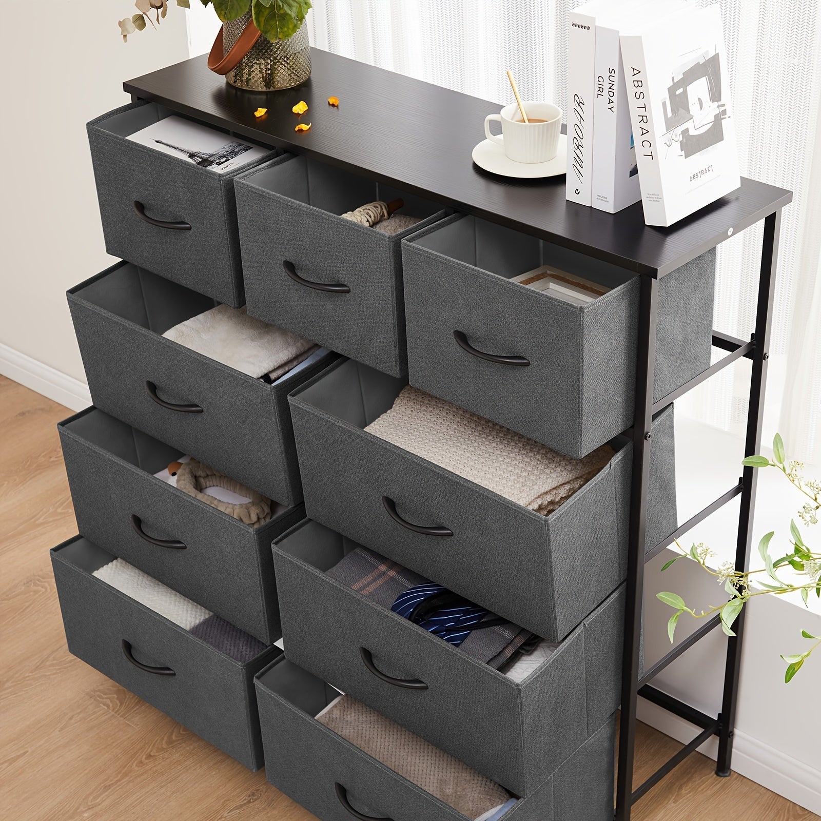 Dresser For Bedroom With 9 Drawers Clothes Drawer Fabric Closet Organizer Dresser With Metal Frame And Wood Tabletop