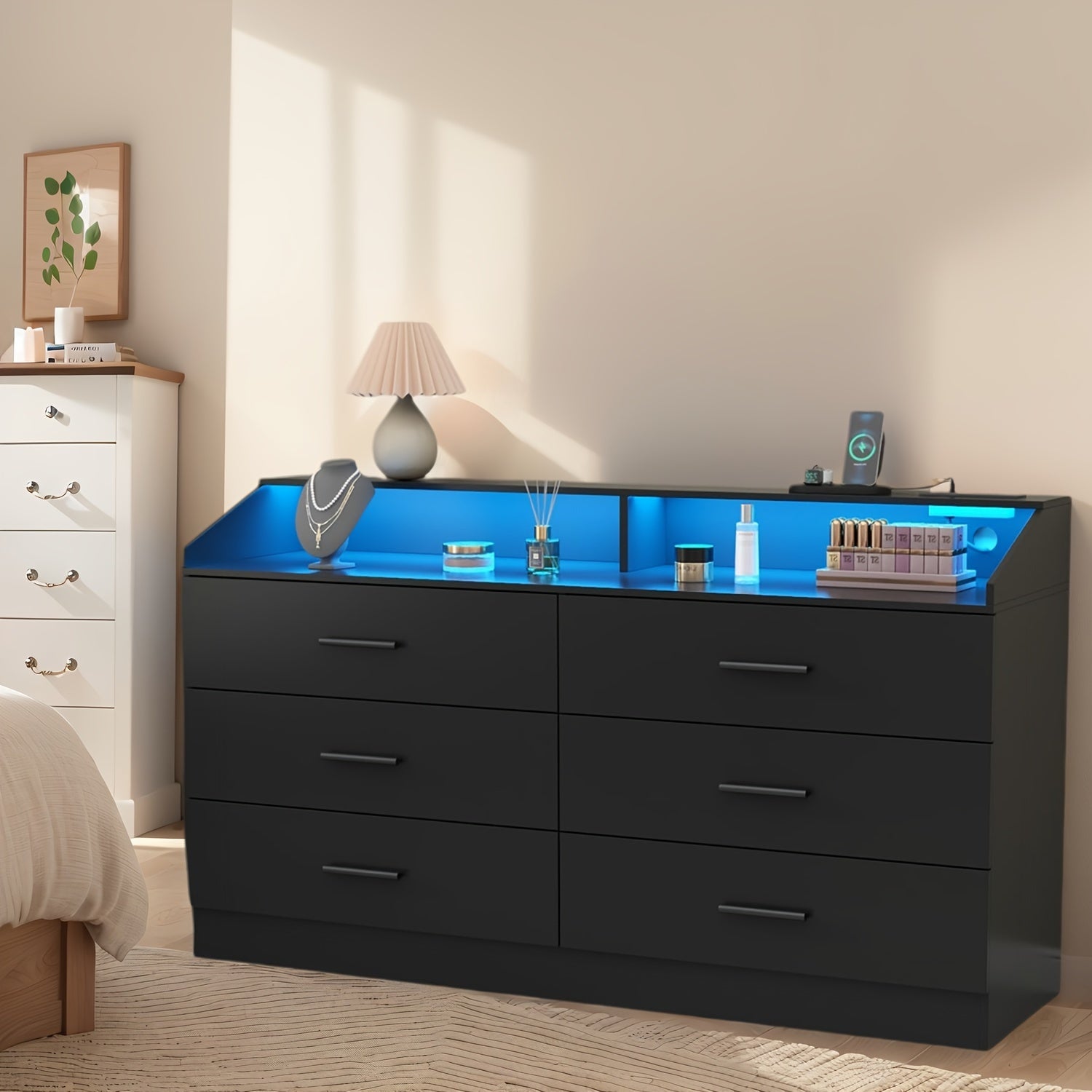 Spacious White LED-Lit Dresser with Power Outlet - 3-Drawer Nightstand & Storage Cabinet Durable MDF Construction Ample