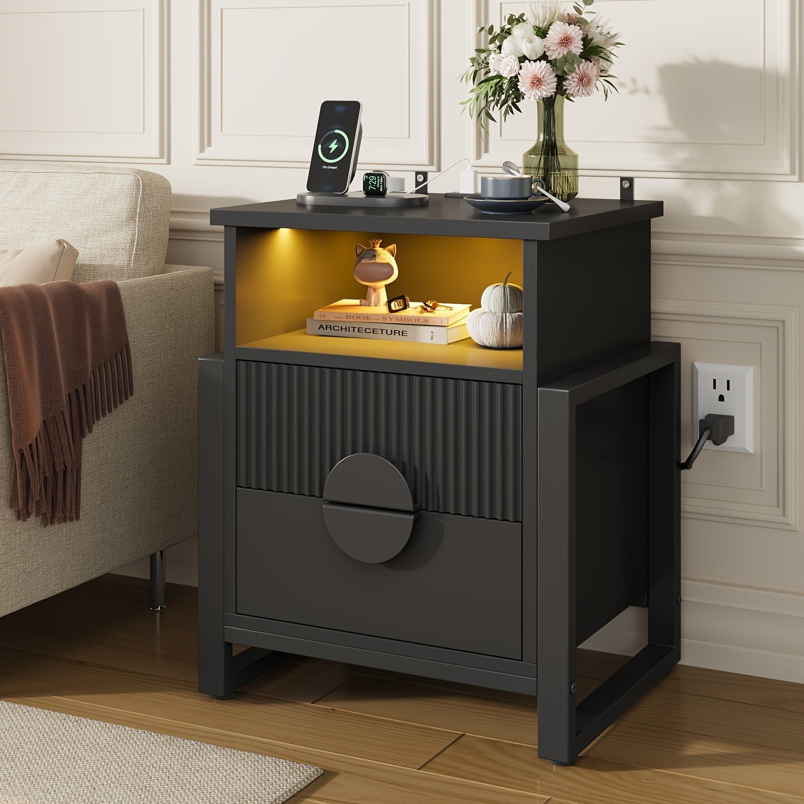 Bedside Table with Charging Station, Groove Bedside Table with LED Light and 2 Drawers, Modern Wooden Edge Table with Metal Frame Legs, 20.5" Wide x 15.8" Deep x 23.4" High