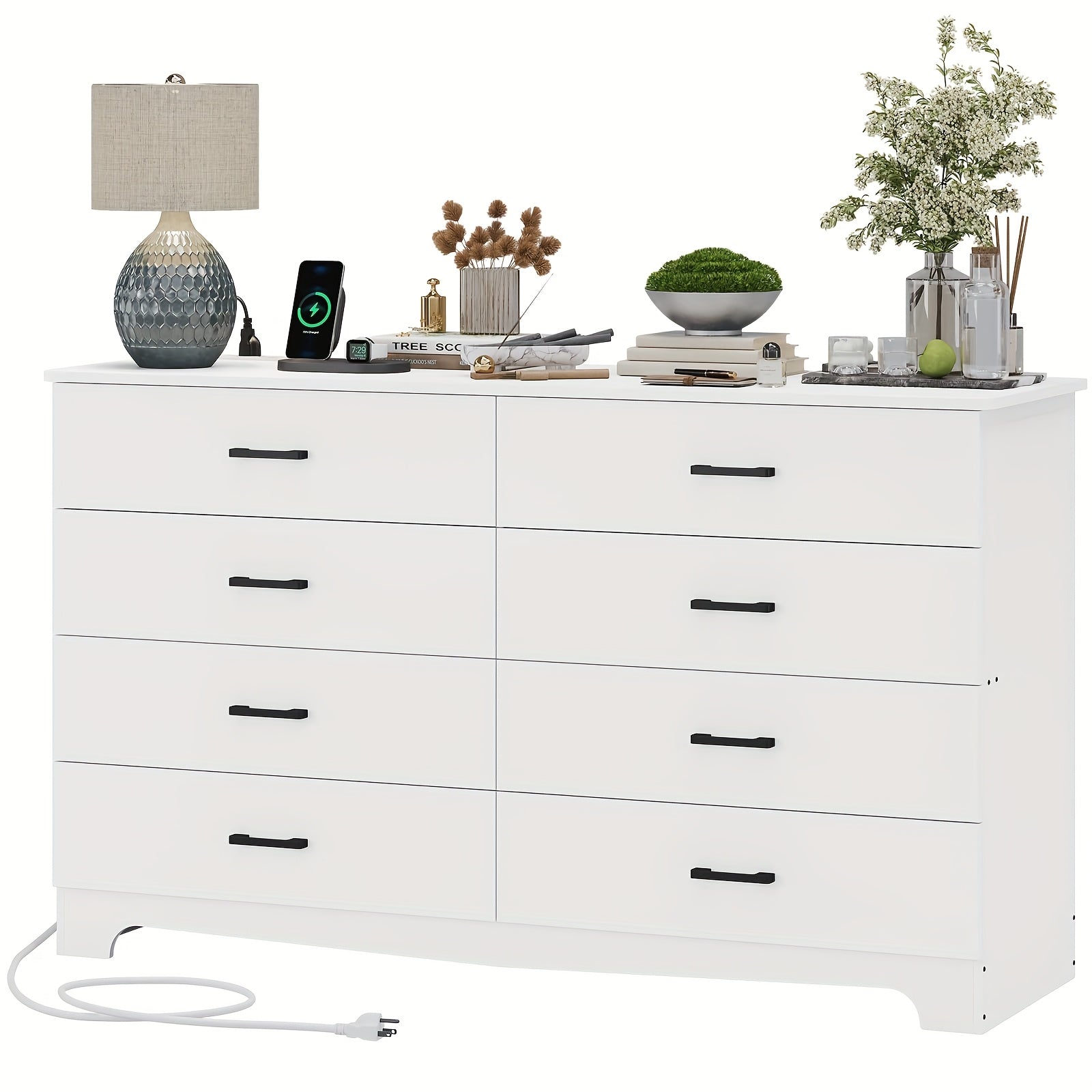 8 Drawer Bedroom Dresser Large Drawer Chest With Charging Station 55.1 Inch Wide Storage Wardrobe Organizer Living Room