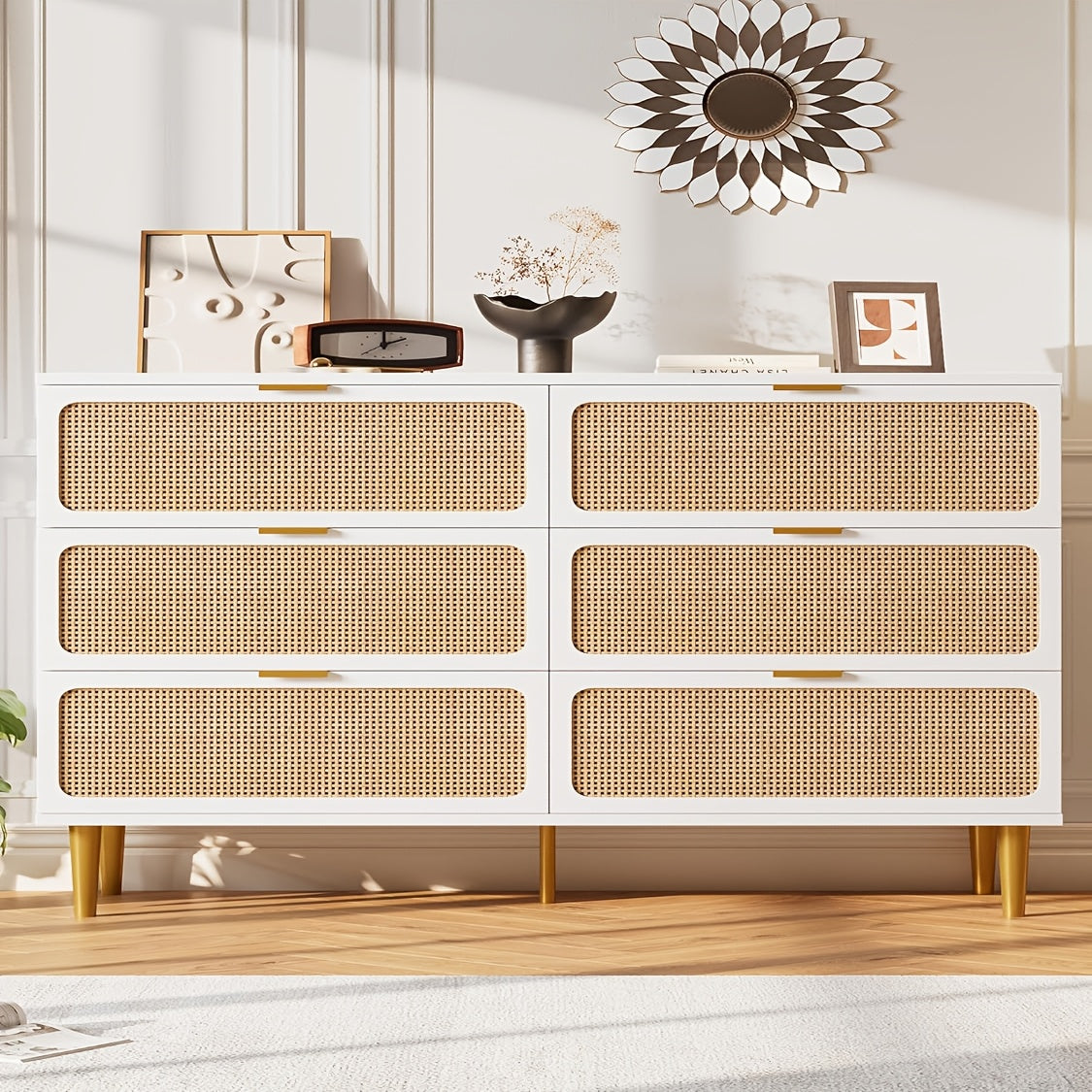 1pc Fashionwu Modern 6-Drawer Dresser, Rattan Front Wooden Chest of Drawers with Deep Storage, Large Double Dresser for Bedroom, Living Room, Hallway - Hardwood Construction, Window View Design, Assembly Required, Storage Dra