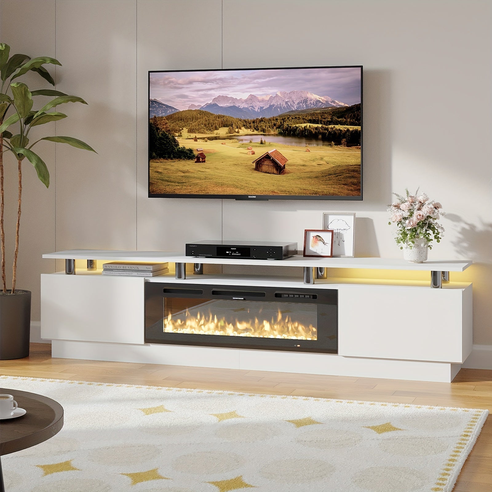 Fireplace TV Stand With 91cm Fireplace Modern High Gloss Fireplace Entertainment Center LED Lights TV Console Cabinet